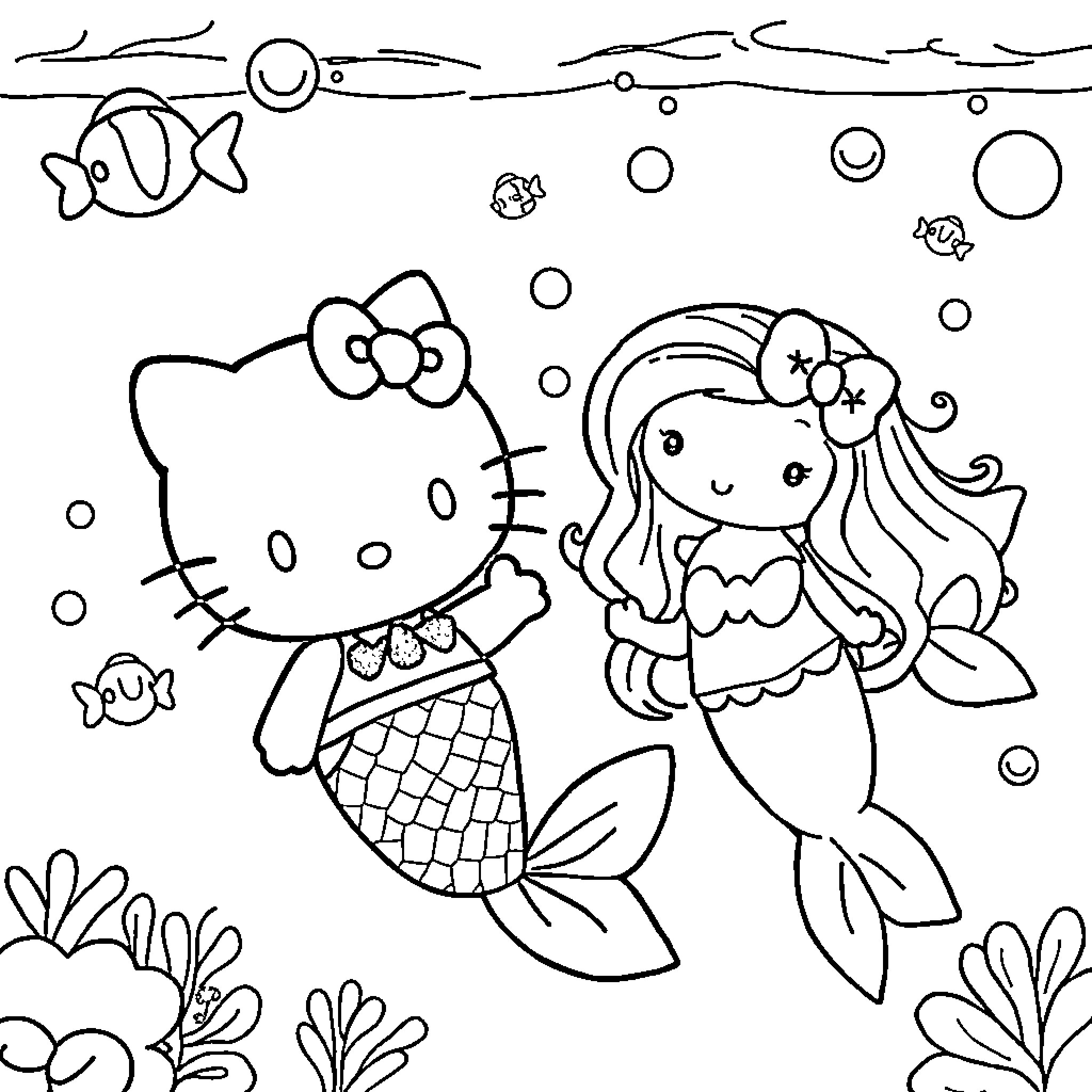 Hello Kitty as a Mermaid Plays with Fish in the Sea Coloring Page (free black-and-white line drawing printable PDF for all, from beginners to advanced learners, including children, teens, adults, and seniors)