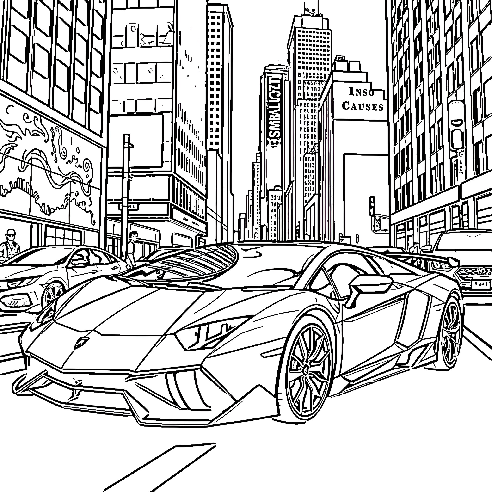 Lamborghini supercar on the bustling city streets Coloring Page (free black-and-white line drawing printable PDF for all, from beginners to advanced learners, including children, teens, adults, and seniors)