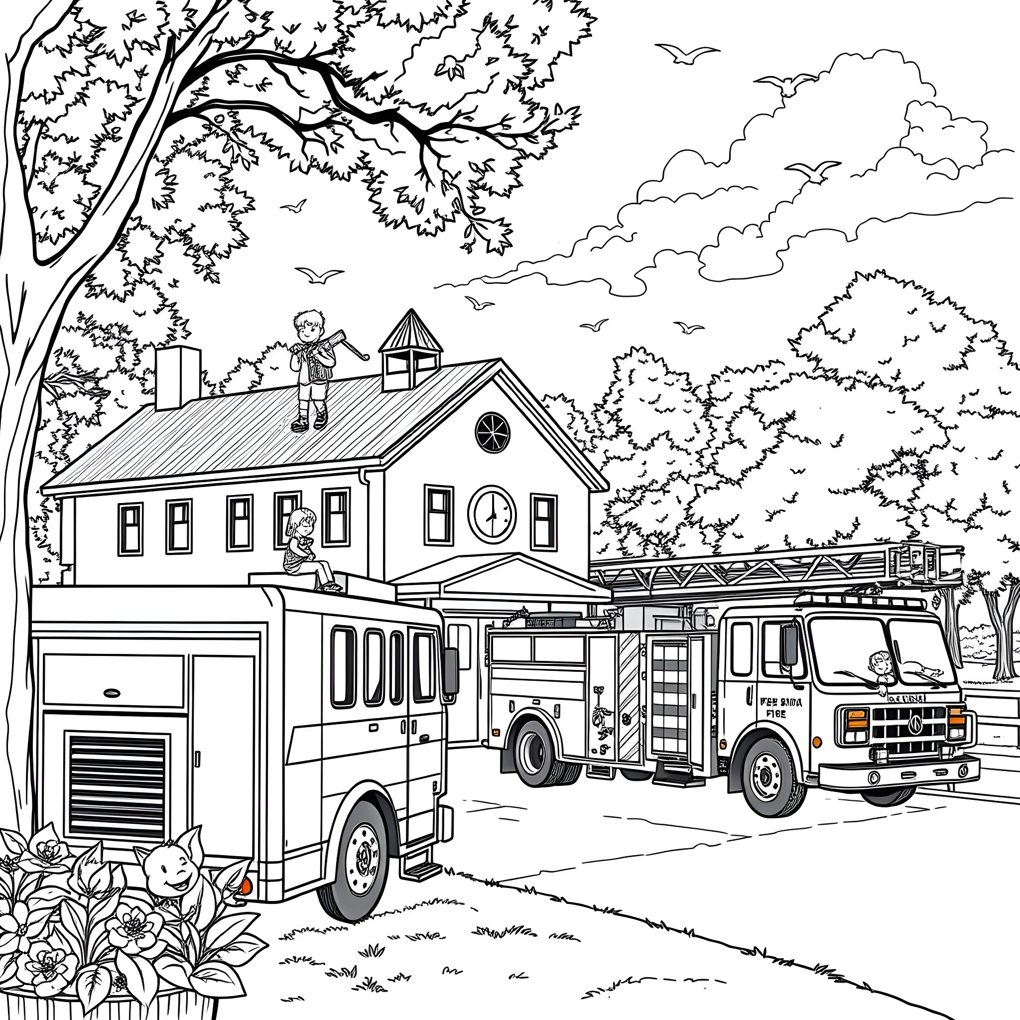 Fire Truck responding to emergency call at residential home Coloring Page (free black-and-white line drawing printable PDF for all, from beginners to advanced learners, including children, teens, adults, and seniors)