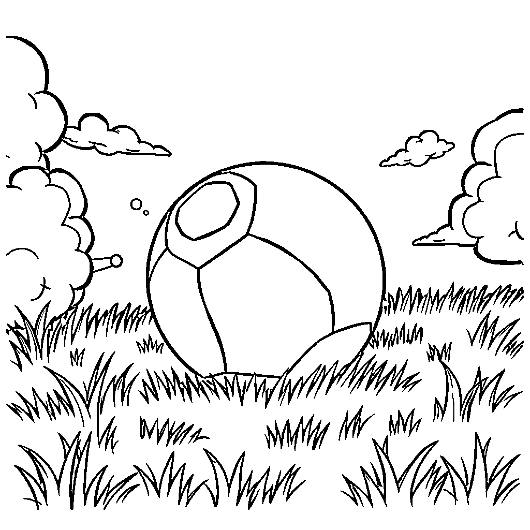 Ball rolling in grassy field under cloudy sky Coloring Page (free black-and-white line drawing printable PDF for all, from beginners to advanced learners, including children, teens, adults, and seniors)