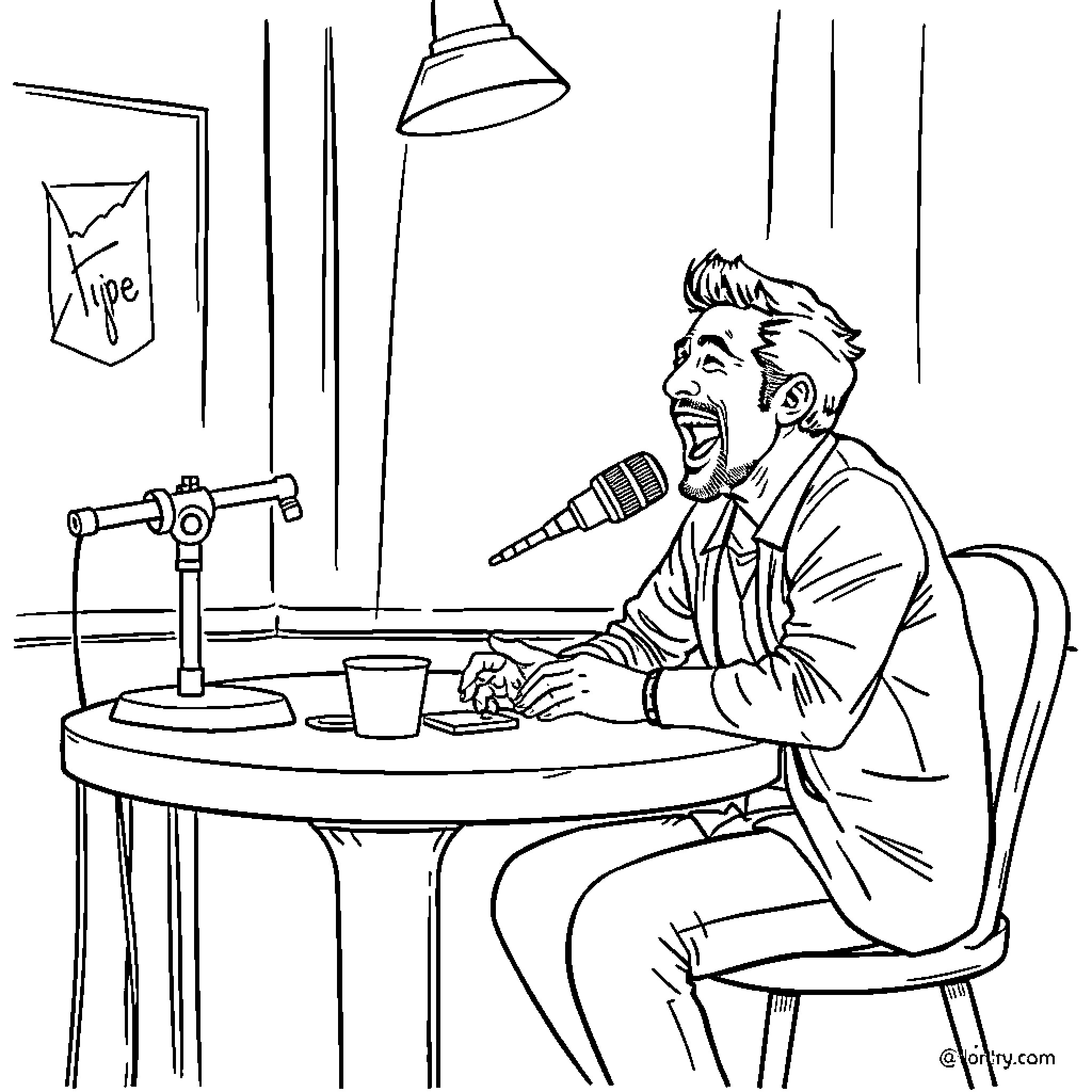 Felipe Esparza performing at a comedy show Coloring Page (free black-and-white line drawing printable PDF for all, from beginners to advanced learners, including children, teens, adults, and seniors)