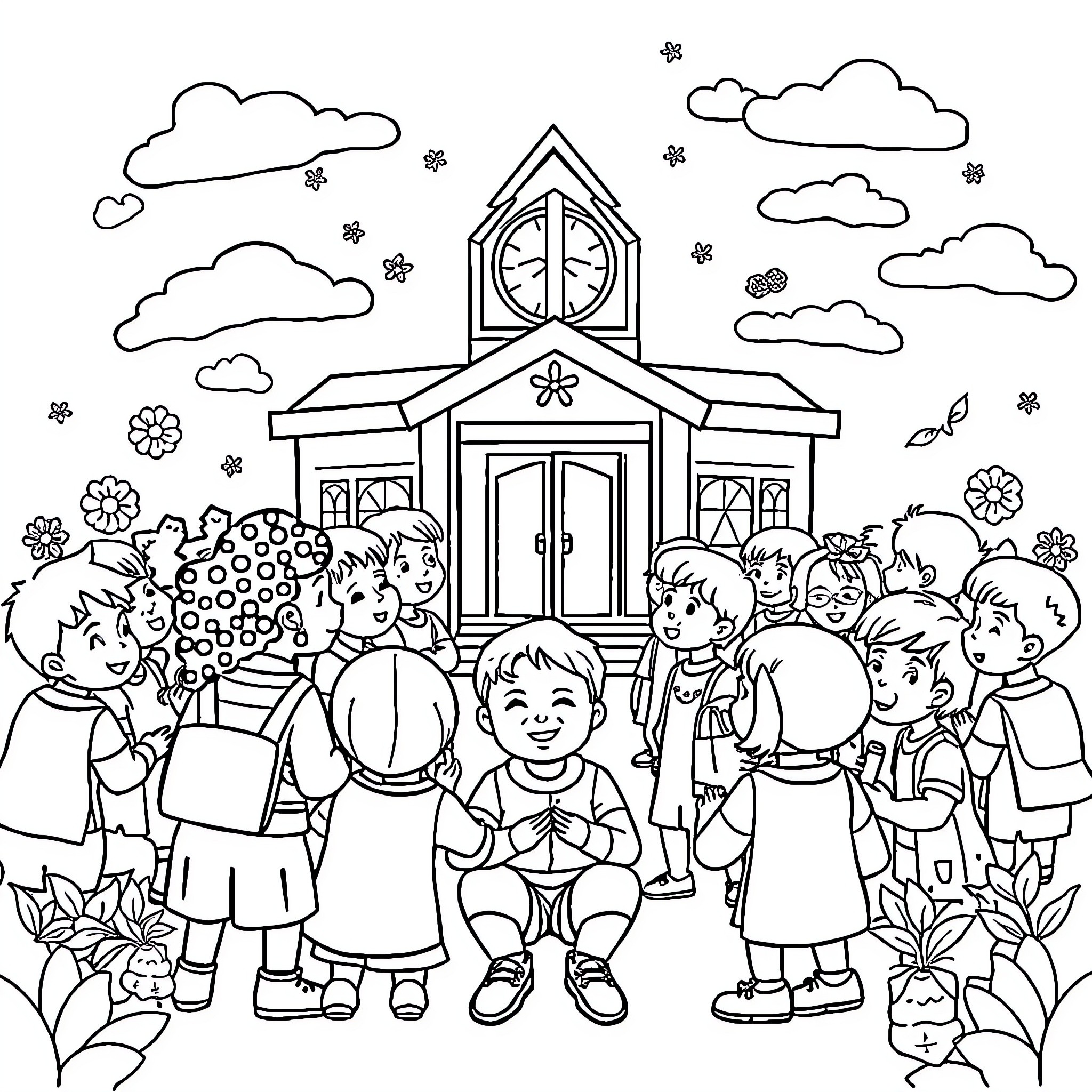 School Children Gathered Outside the Classroom Coloring Page (free black-and-white line drawing printable PDF for all, from beginners to advanced learners, including children, teens, adults, and seniors)