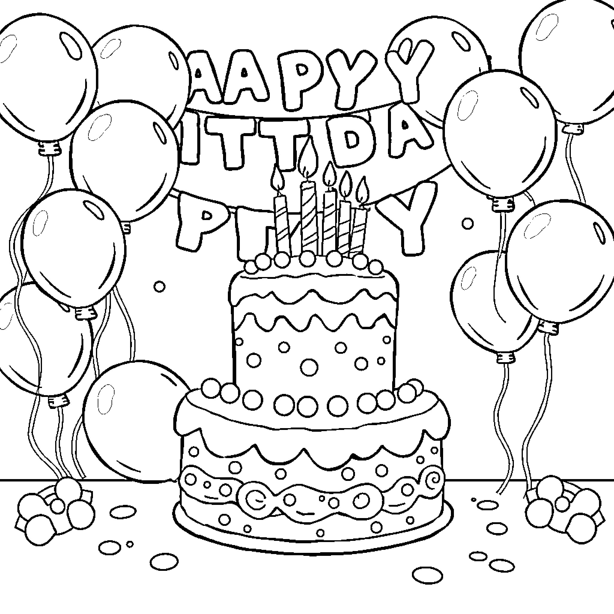 Bluey's Festive Birthday Celebration Coloring Page (free black-and-white line drawing printable PDF for all, from beginners to advanced learners, including children, teens, adults, and seniors)