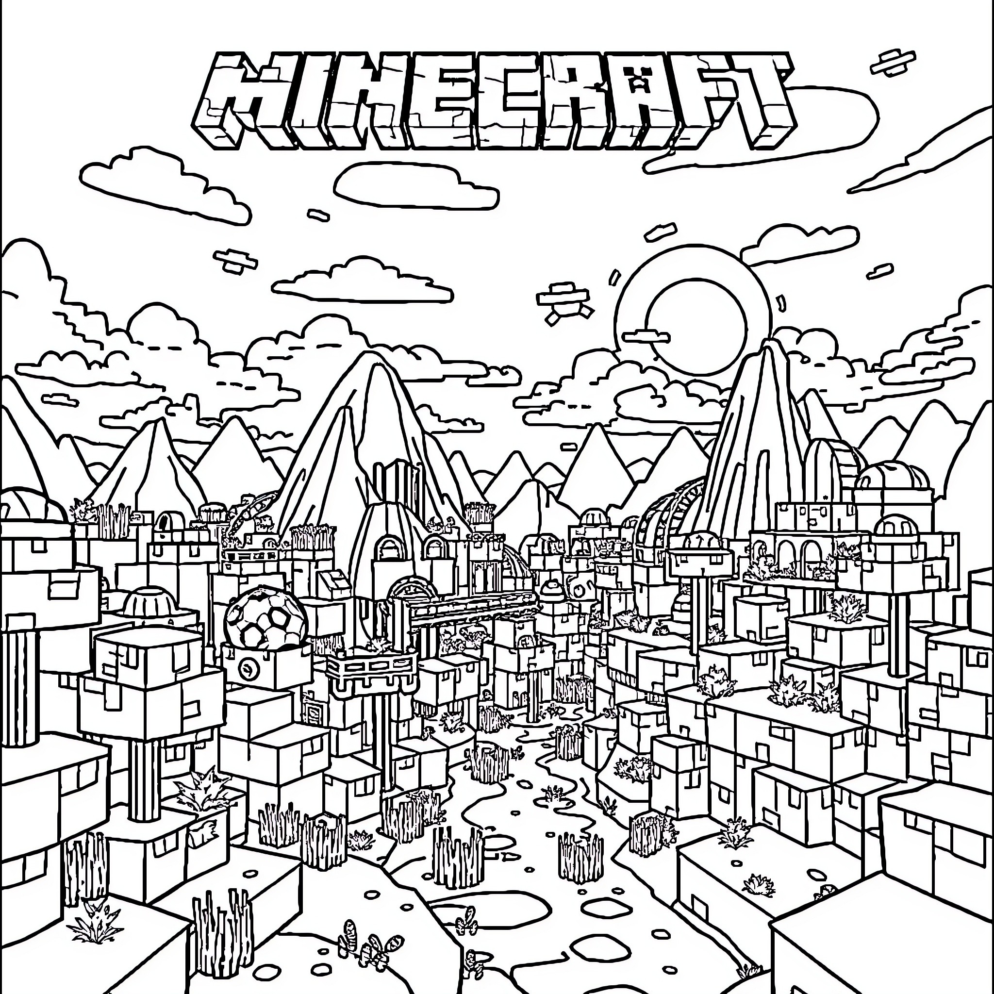 Minecraft Landscape with Mountains, Clouds, and Cityscape Coloring Page (free black-and-white line drawing printable PDF for all, from beginners to advanced learners, including children, teens, adults, and seniors)