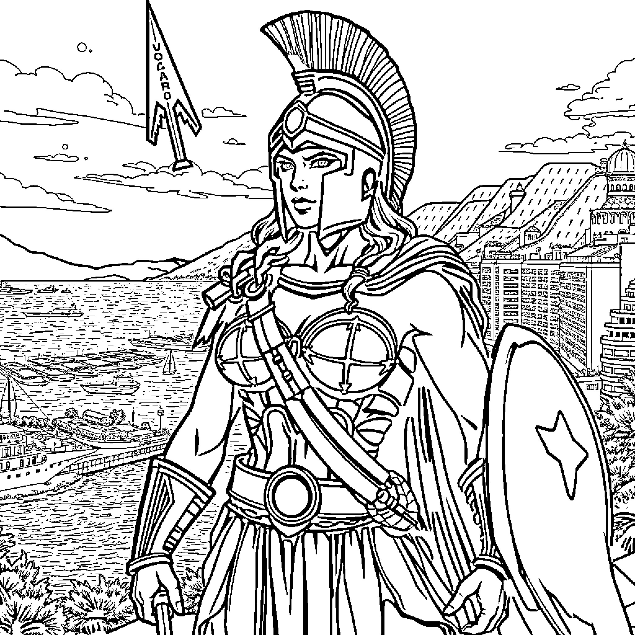 Spartan warrior overlooking the city Coloring Page (free black-and-white line drawing printable PDF for all, from beginners to advanced learners, including children, teens, adults, and seniors)