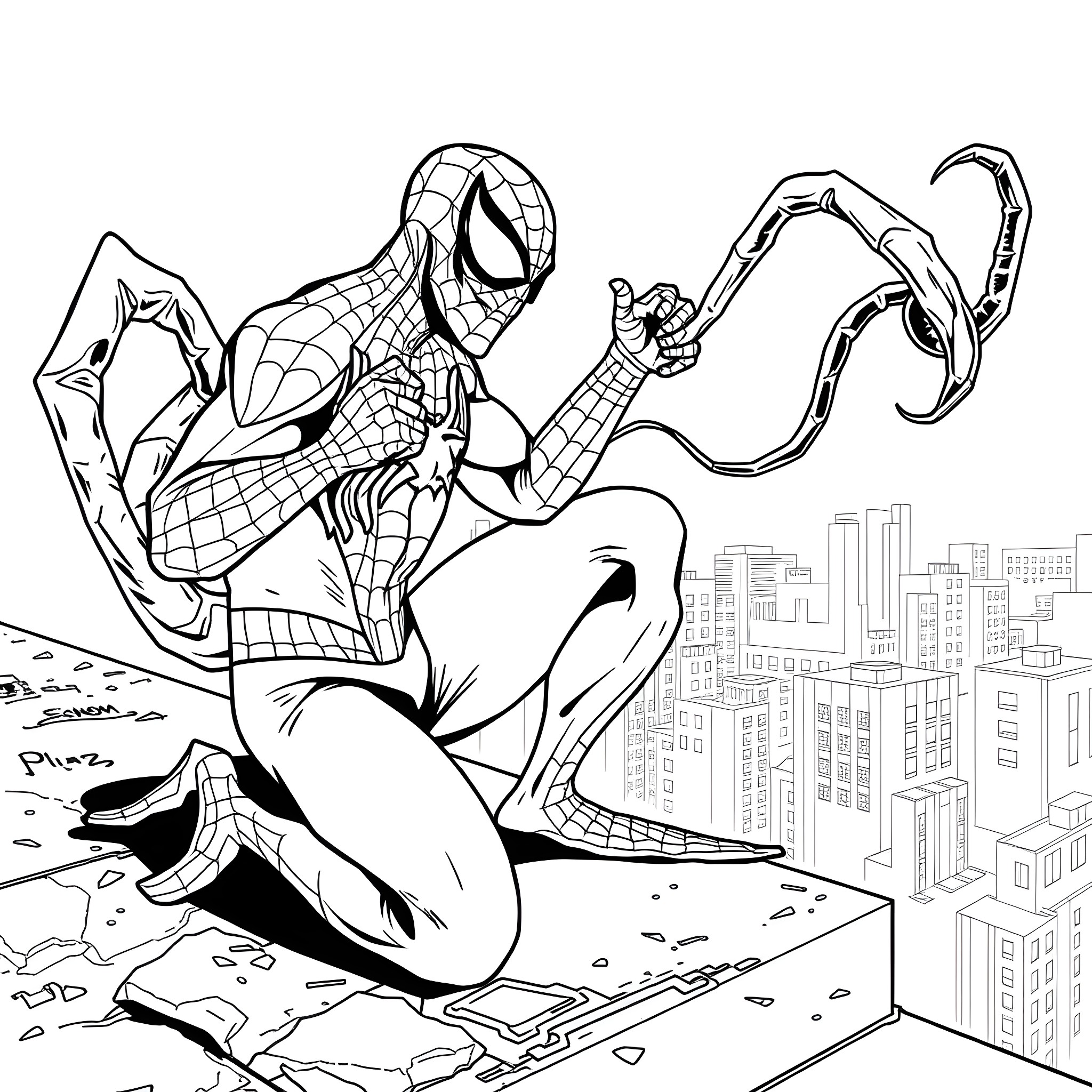 Spiderman swinging through the city skyline Coloring Page (free black-and-white line drawing printable PDF for all, from beginners to advanced learners, including children, teens, adults, and seniors)