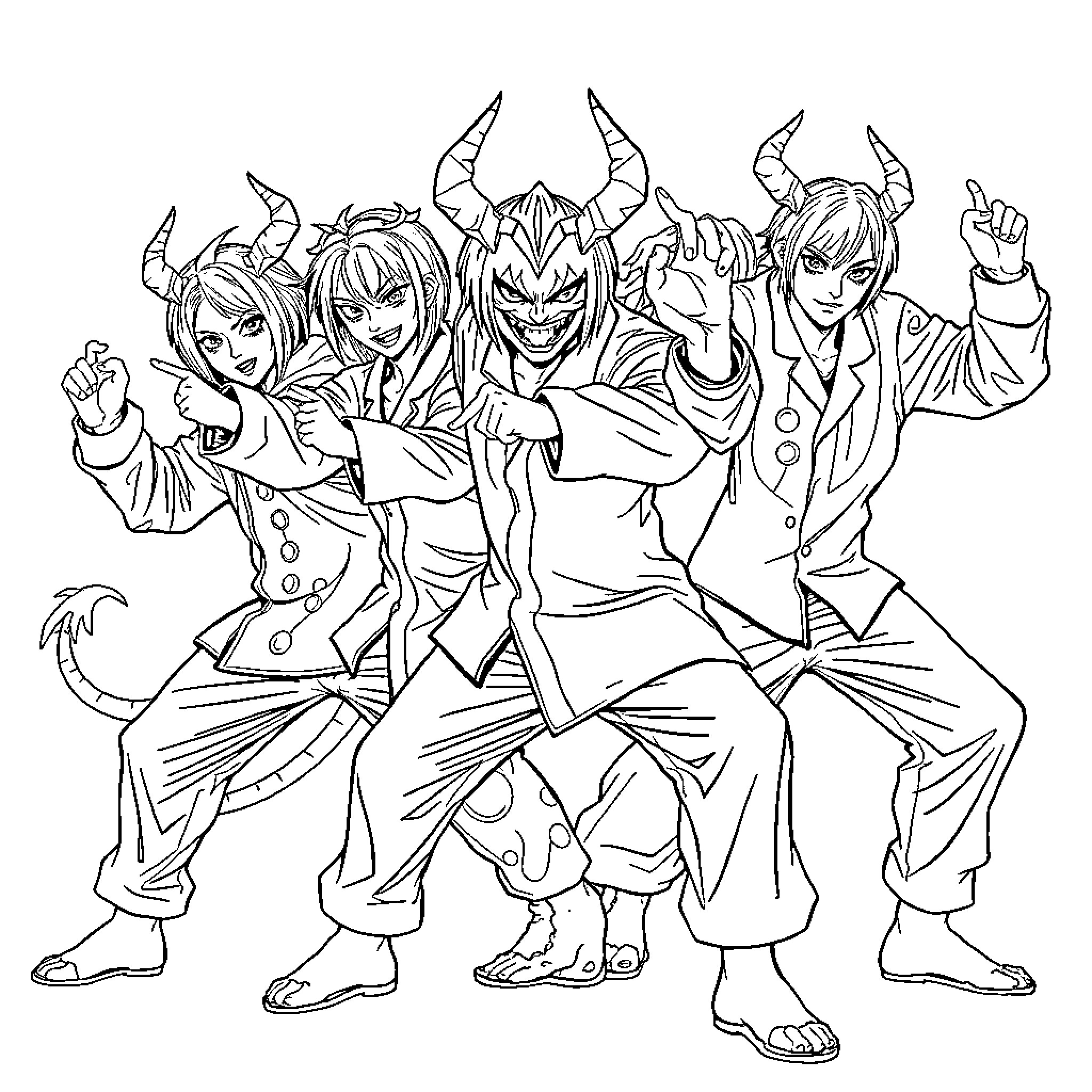 Demon Hunters Posing in Stylized Outfits Coloring Page (free black-and-white line drawing printable PDF for all, from beginners to advanced learners, including children, teens, adults, and seniors)