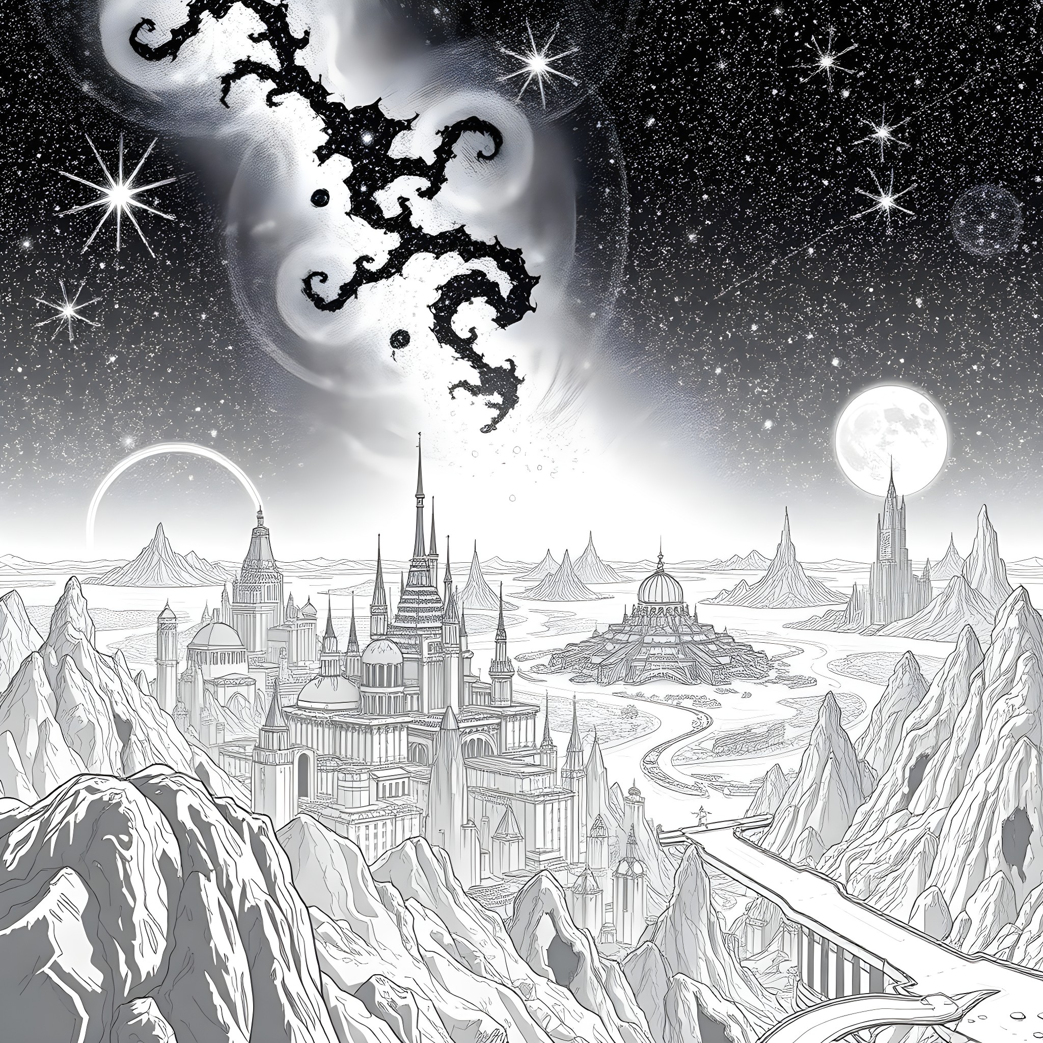 World of Fantastical Castles and Celestial Wonders Coloring Page (free black-and-white line drawing printable PDF for all, from beginners to advanced learners, including children, teens, adults, and seniors)