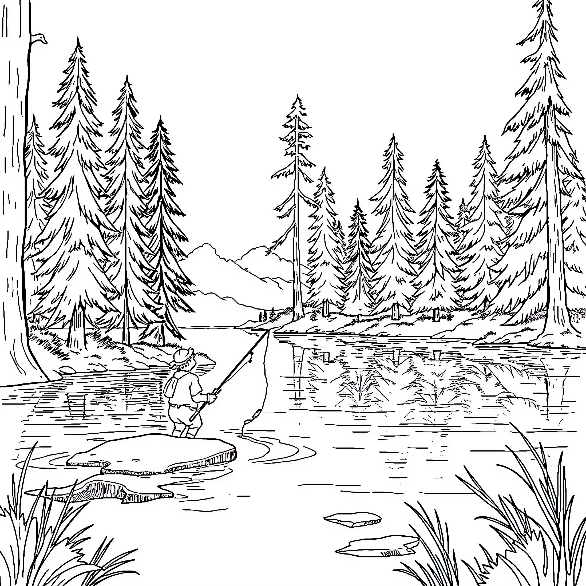 Fishing in the serene forest landscape Coloring Page (free black-and-white line drawing printable PDF for all, from beginners to advanced learners, including children, teens, adults, and seniors)