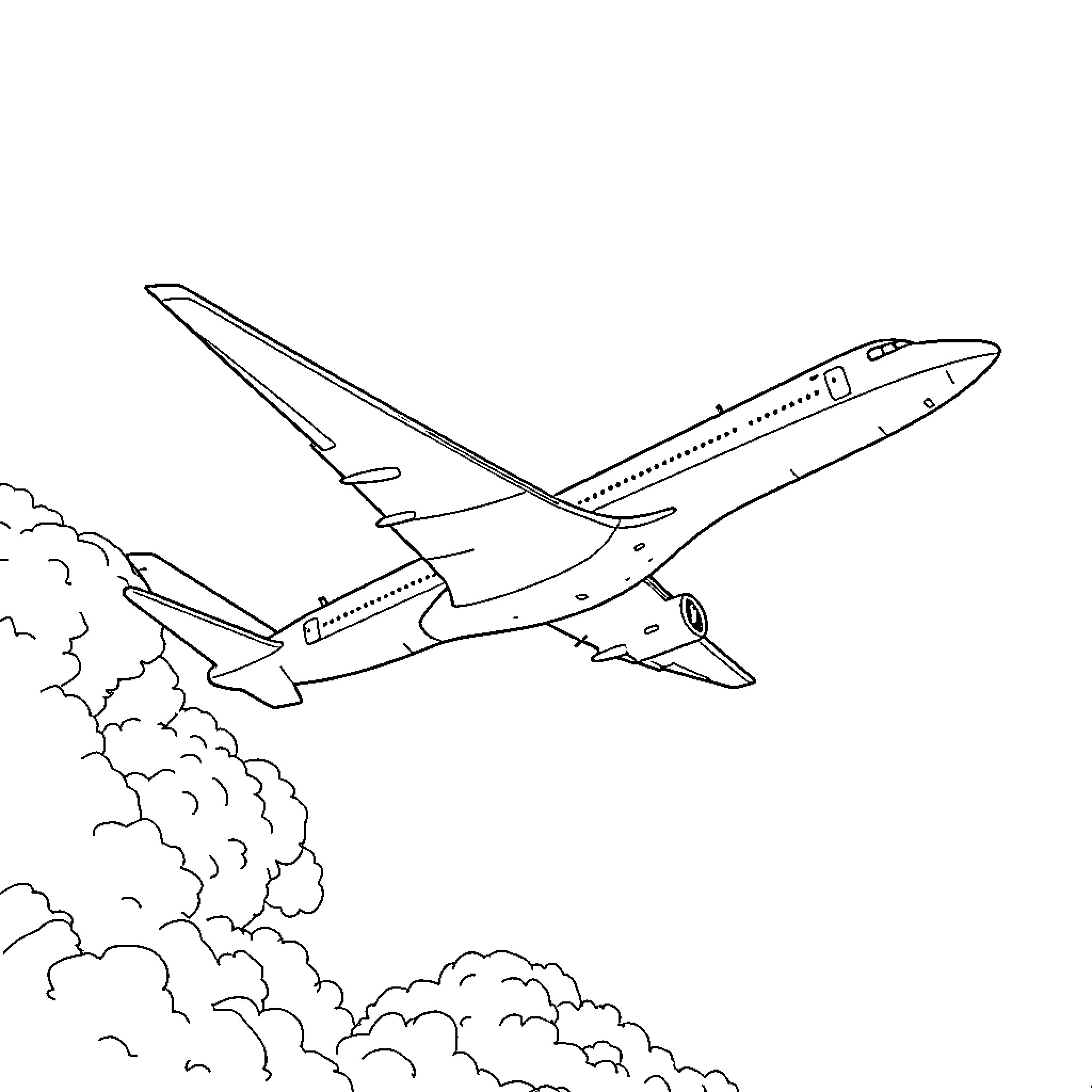 Airplane soaring through the cloudy sky Coloring Page (free black-and-white line drawing printable PDF for all, from beginners to advanced learners, including children, teens, adults, and seniors)