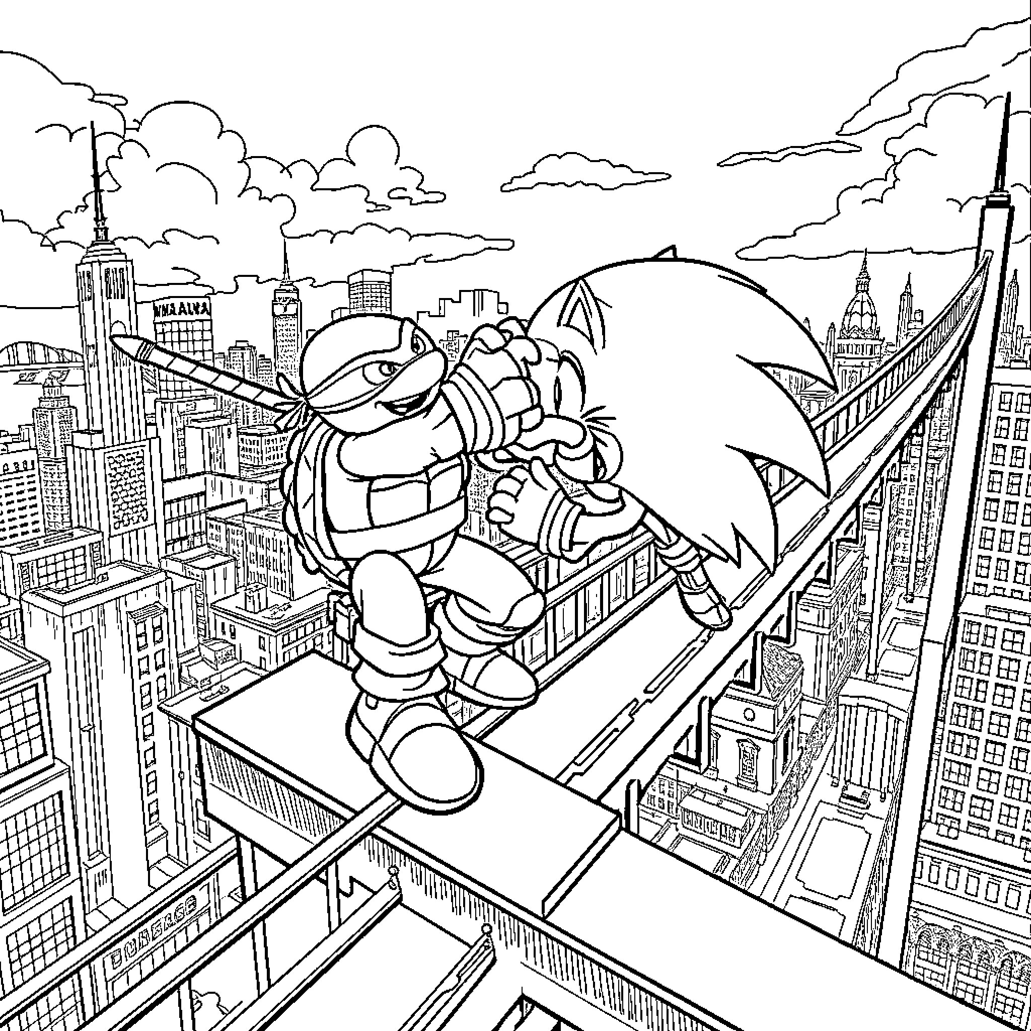 Ninja Turtle Leaping Over Skyscrapers in the City Coloring Page (free black-and-white line drawing printable PDF for all, from beginners to advanced learners, including children, teens, adults, and seniors)