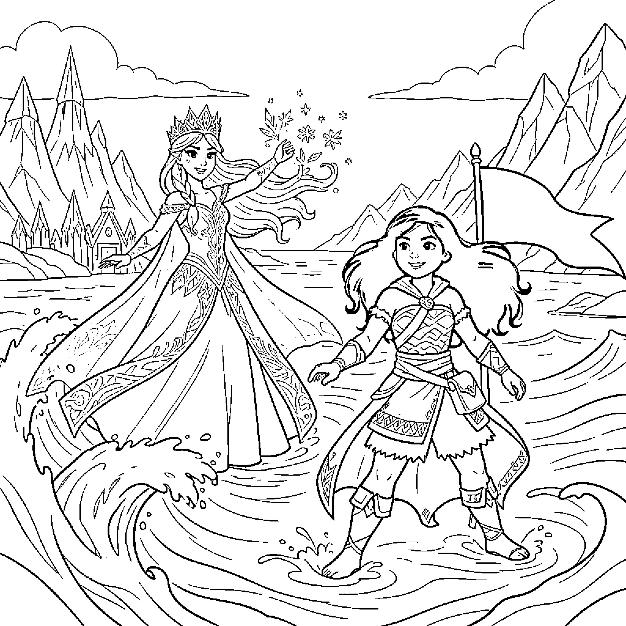 Queen and Vaiana standing amidst ocean waves and mountains Coloring Page (free black-and-white line drawing printable PDF for all, from beginners to advanced learners, including children, teens, adults, and seniors)
