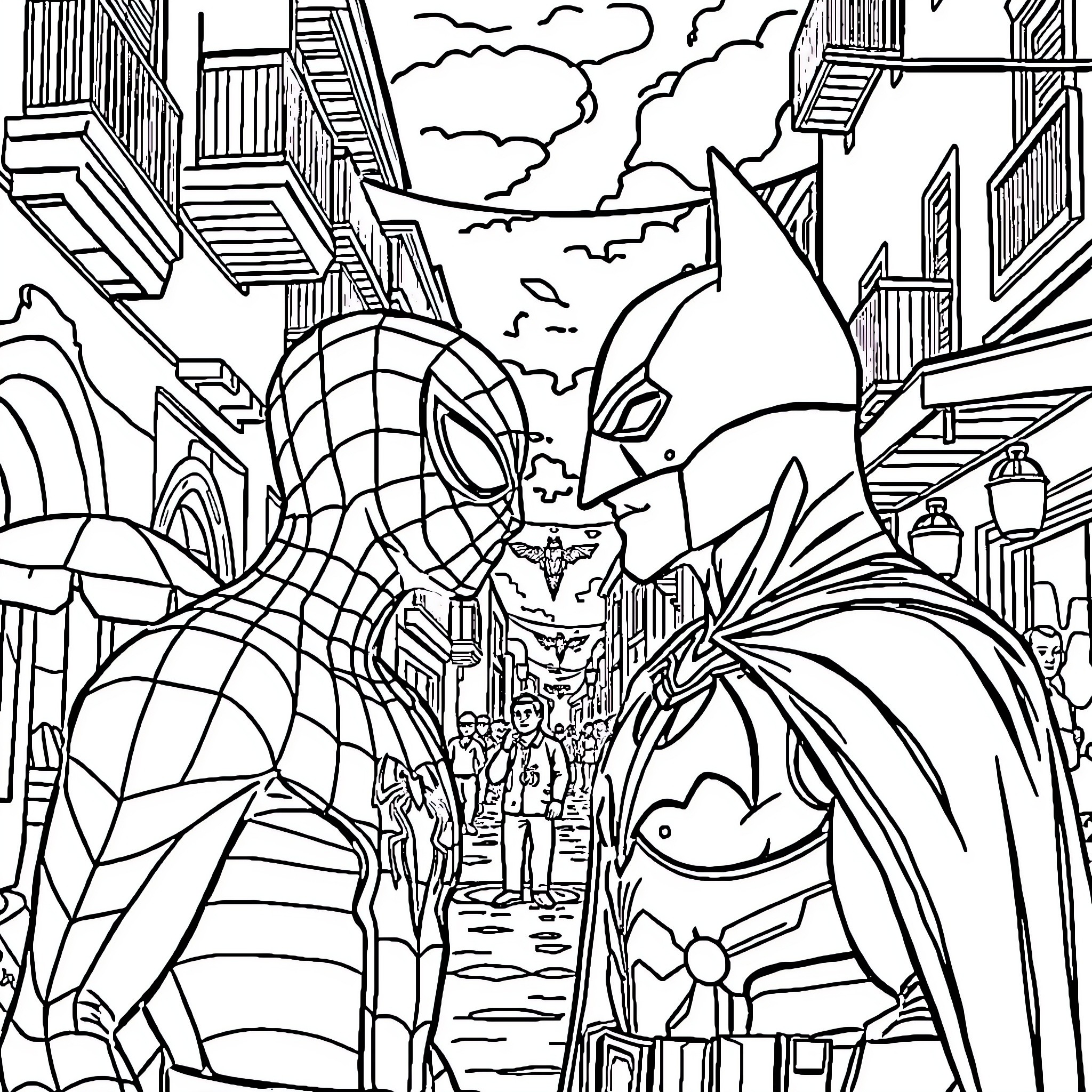 Spiderman and Batman facing off in a city skyline Coloring Page (free black-and-white line drawing printable PDF for all, from beginners to advanced learners, including children, teens, adults, and seniors)