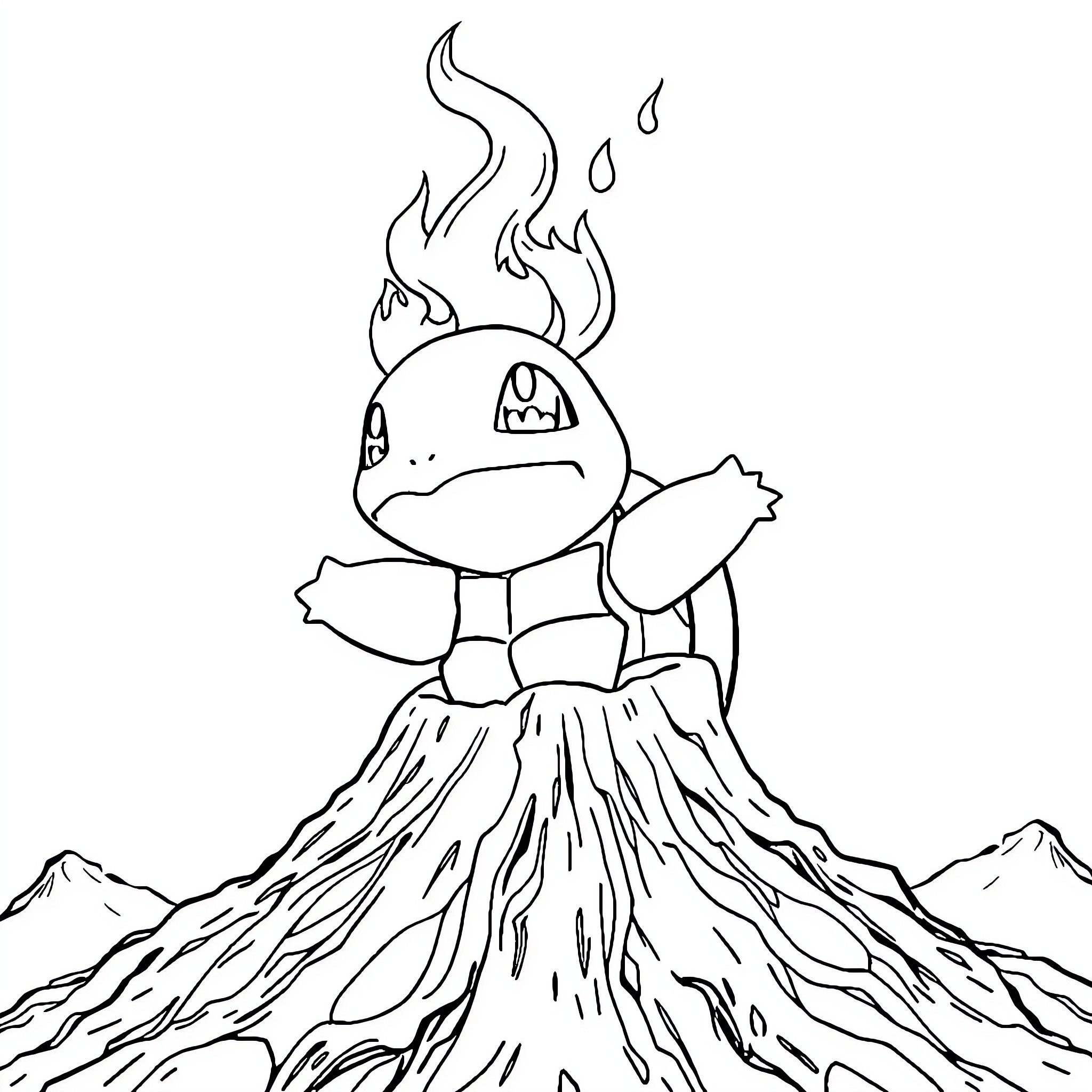Squirtle erupting from a volcanic mountain Coloring Page (free black-and-white line drawing printable PDF for all, from beginners to advanced learners, including children, teens, adults, and seniors)