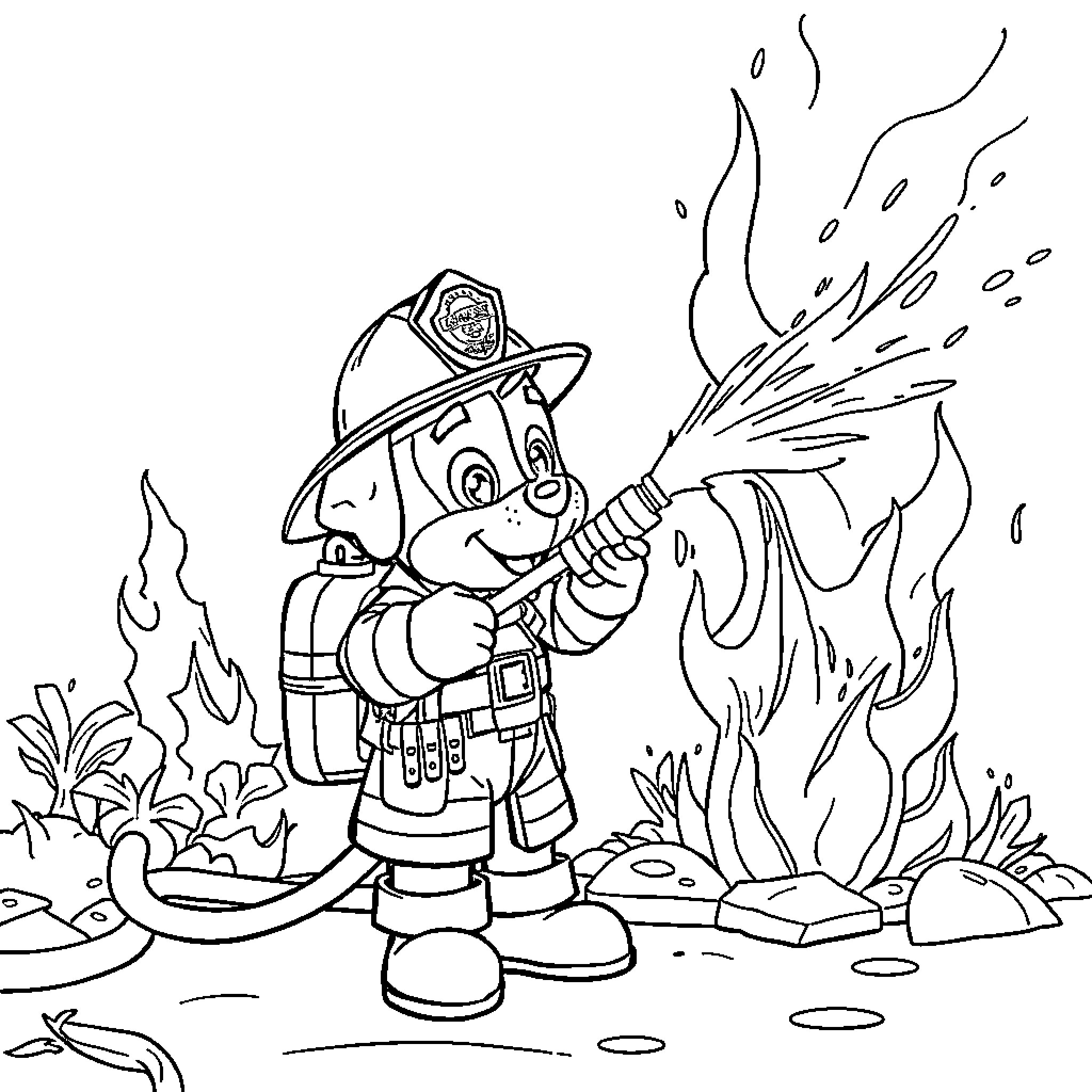 Marshall Firefighter Battling Flames in the Forest Coloring Page (free black-and-white line drawing printable PDF for all, from beginners to advanced learners, including children, teens, adults, and seniors)