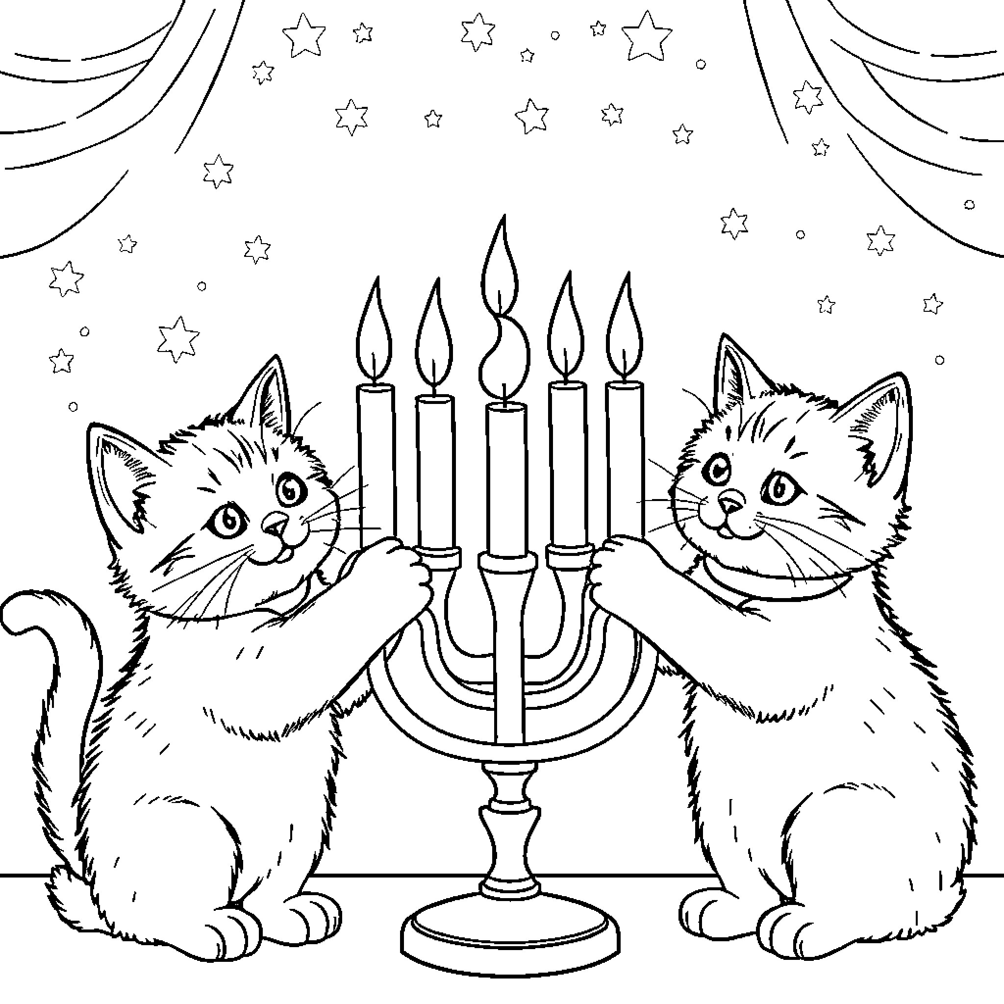 Kitty Cats Enjoying Hanukkah Celebration Coloring Page (free black-and-white line drawing printable PDF for all, from beginners to advanced learners, including children, teens, adults, and seniors)