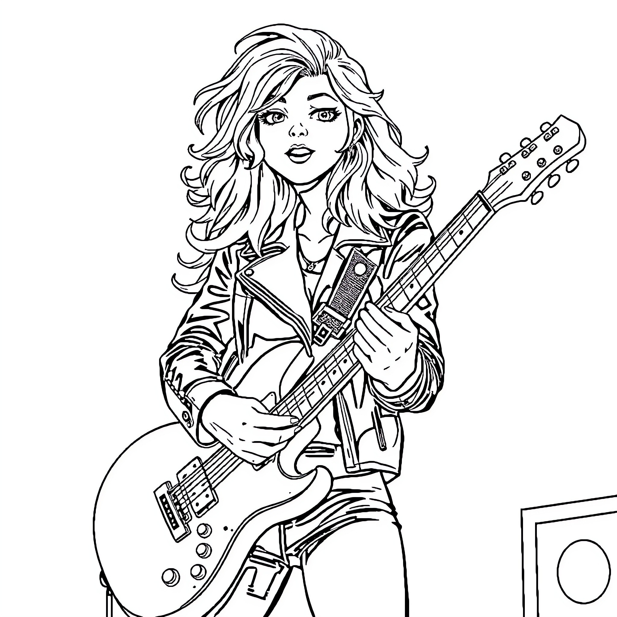 Nami, the Rocking Musician with Her Guitar Coloring Page (free black-and-white line drawing printable PDF for all, from beginners to advanced learners, including children, teens, adults, and seniors)