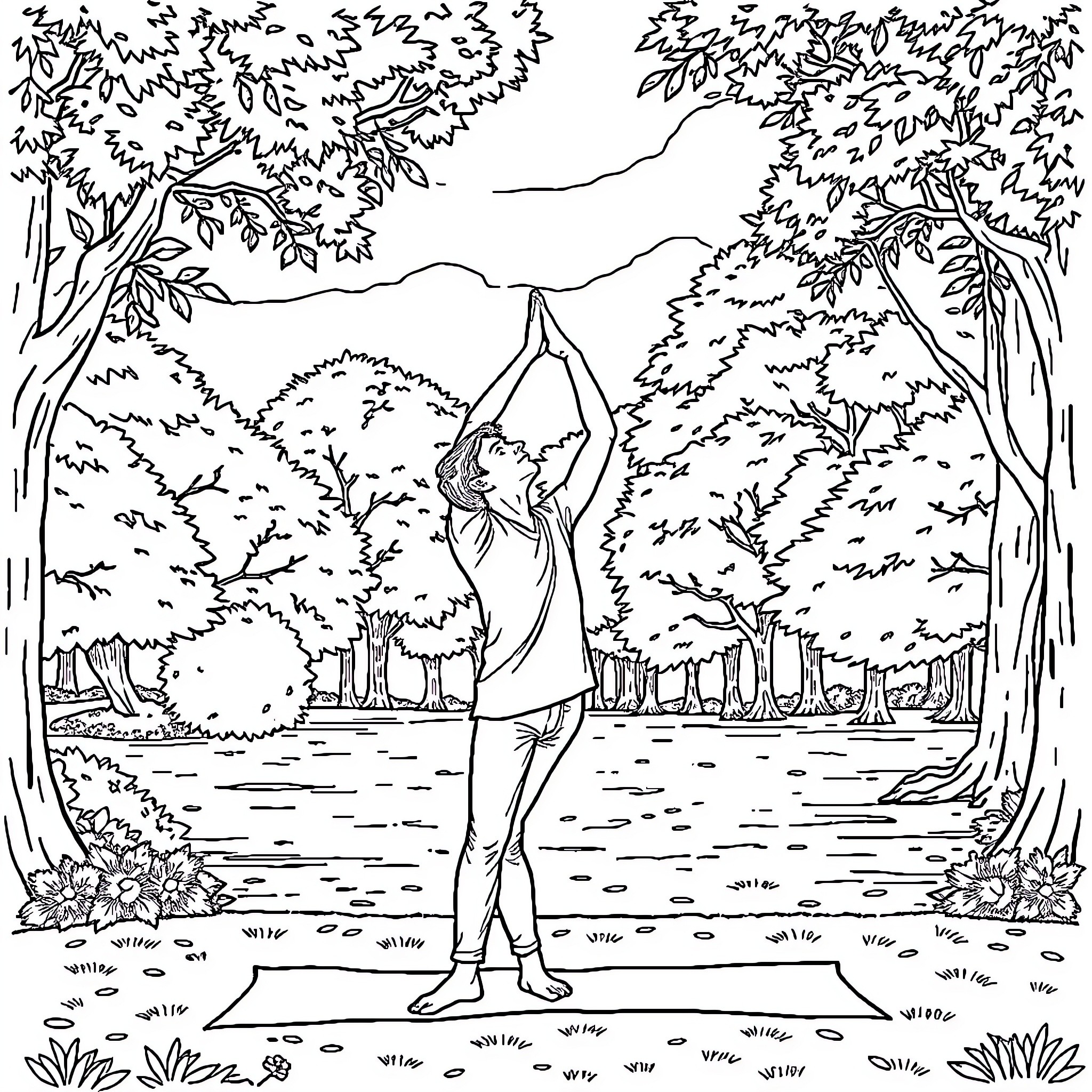 Man practicing yoga in serene forest setting Coloring Page (free black-and-white line drawing printable PDF for all, from beginners to advanced learners, including children, teens, adults, and seniors)