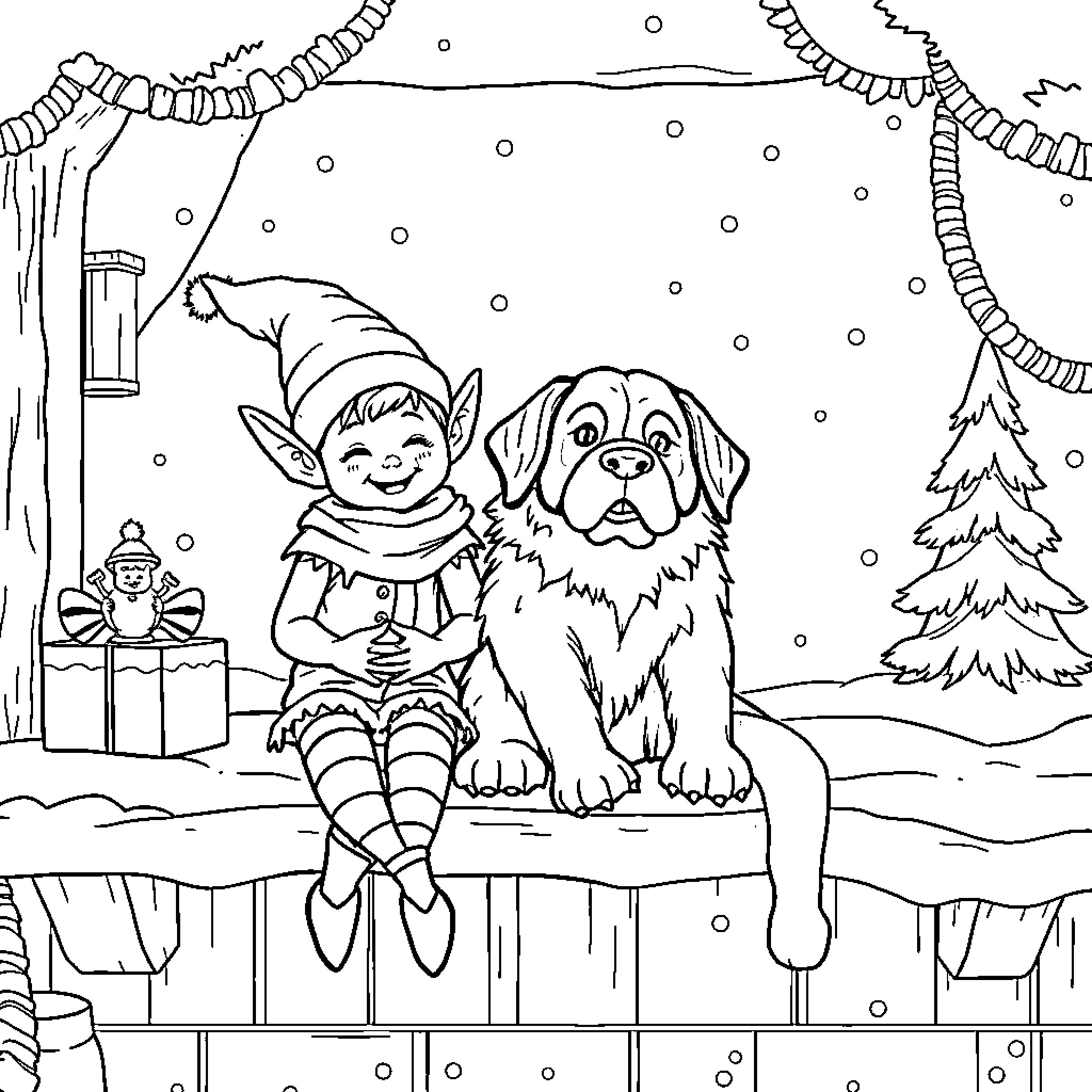 Elf and dog playing in snowy winter scene Coloring Page (free black-and-white line drawing printable PDF for all, from beginners to advanced learners, including children, teens, adults, and seniors)