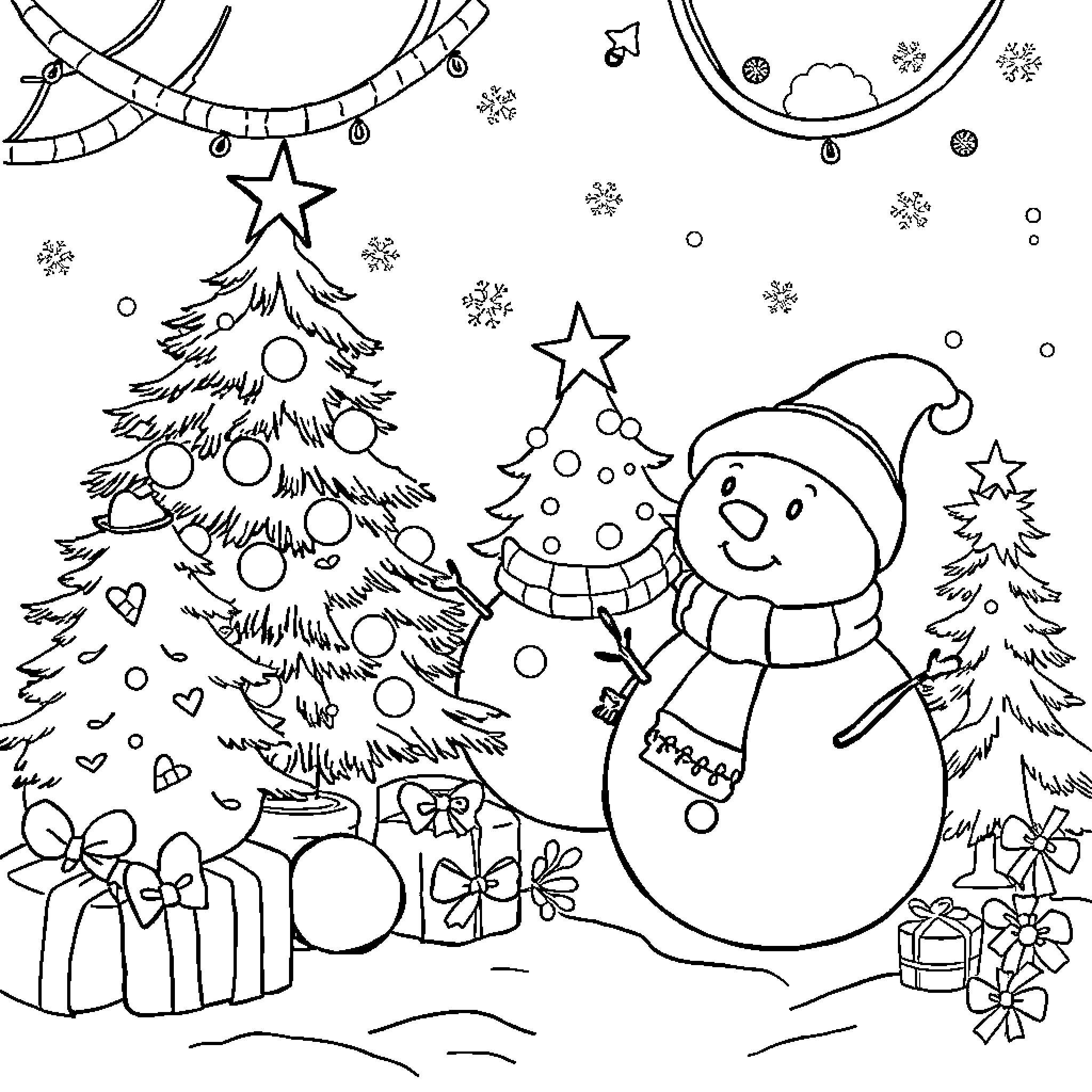 Christmas scene with decorated trees and cheerful snowman Coloring Page (free black-and-white line drawing printable PDF for all, from beginners to advanced learners, including children, teens, adults, and seniors)