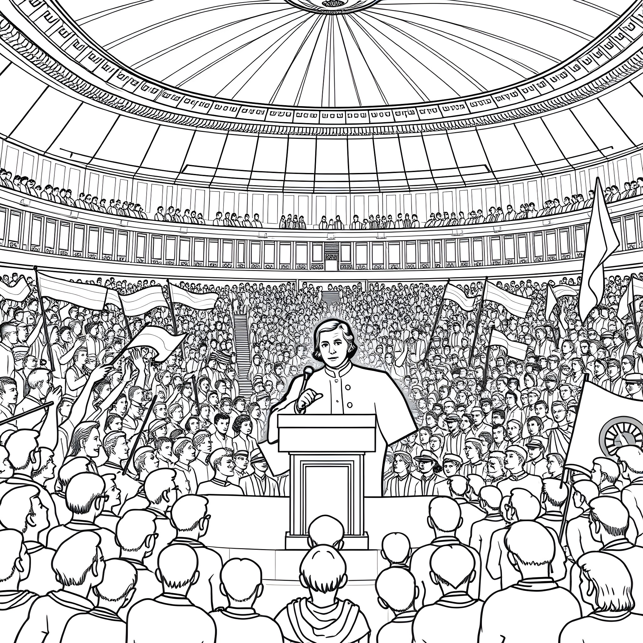 Adolf Hitler addressing a large crowd in an auditorium Coloring Page (free black-and-white line drawing printable PDF for all, from beginners to advanced learners, including children, teens, adults, and seniors)