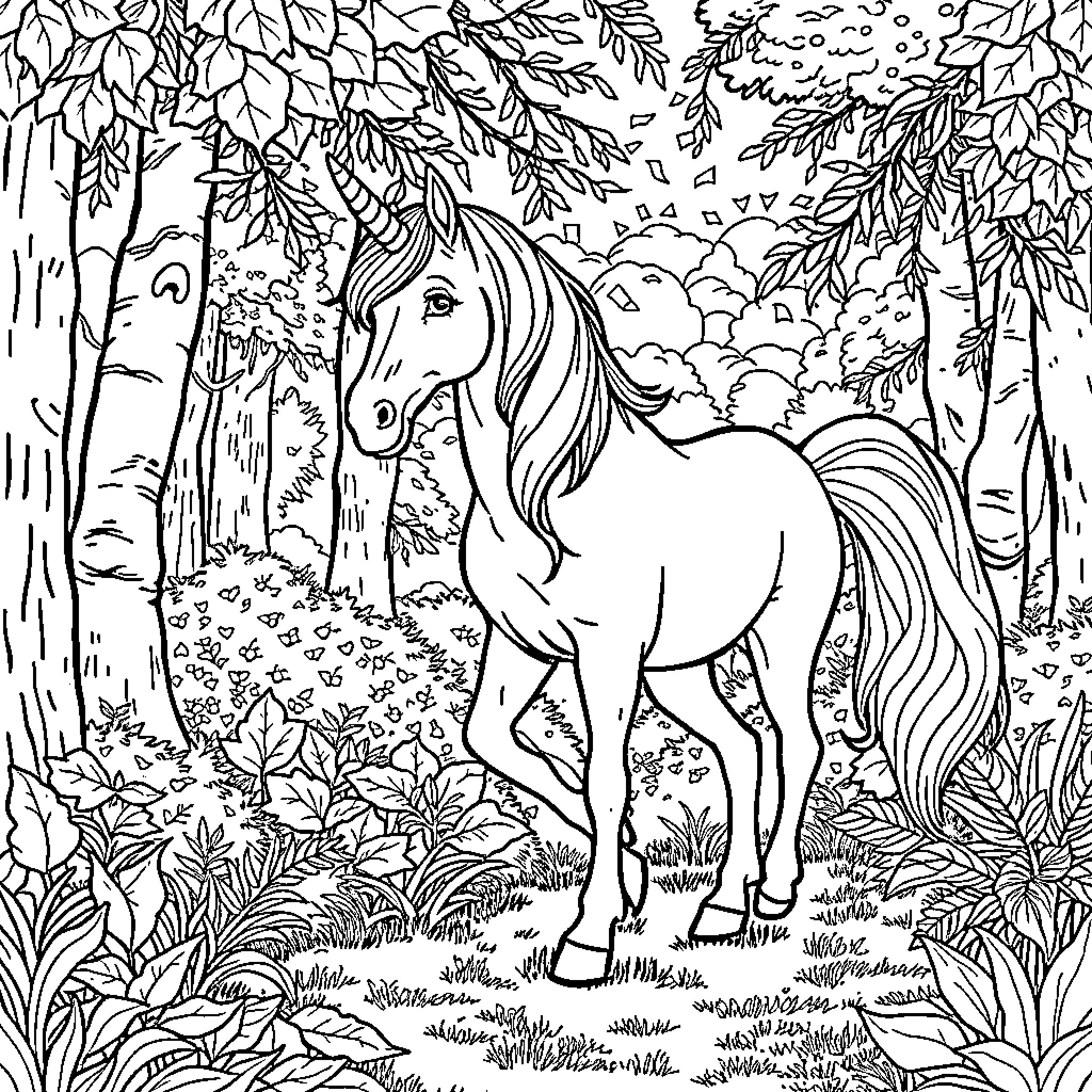 Unicorn in Enchanted Forest Coloring Page (free black-and-white line drawing printable PDF for all, from beginners to advanced learners, including children, teens, adults, and seniors)