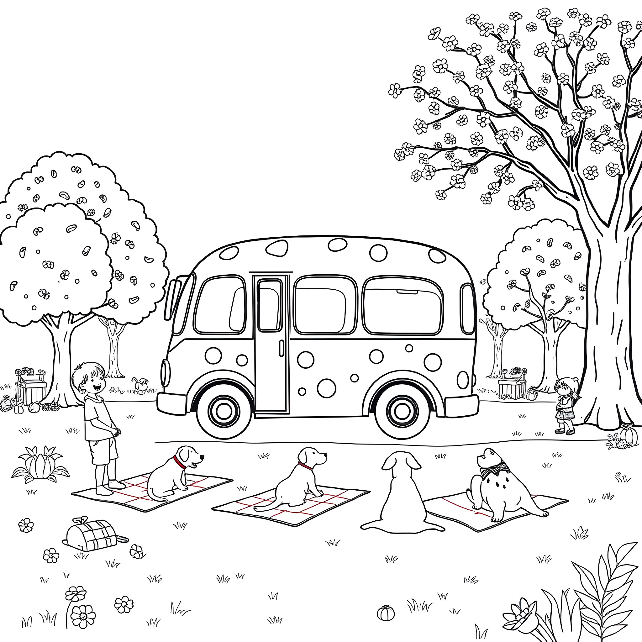 Donut-shaped camper van in a nature scene with dogs Coloring Page (free black-and-white line drawing printable PDF for all, from beginners to advanced learners, including children, teens, adults, and seniors)