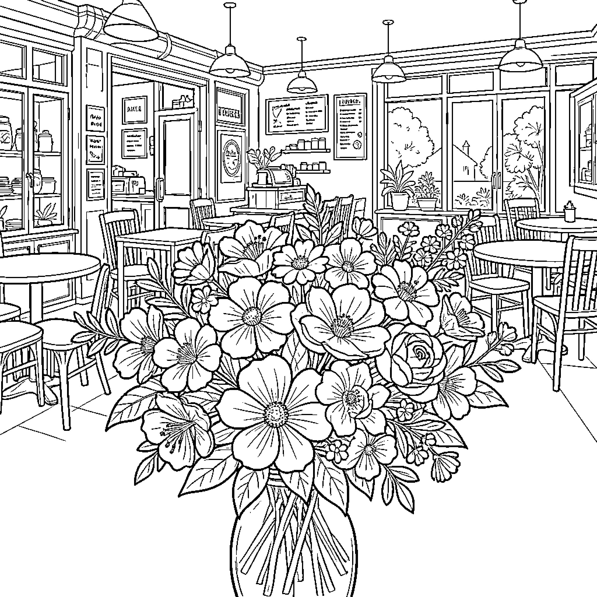 Flower-filled Cafe Interior with Cozy Seating Coloring Page (free black-and-white line drawing printable PDF for all, from beginners to advanced learners, including children, teens, adults, and seniors)