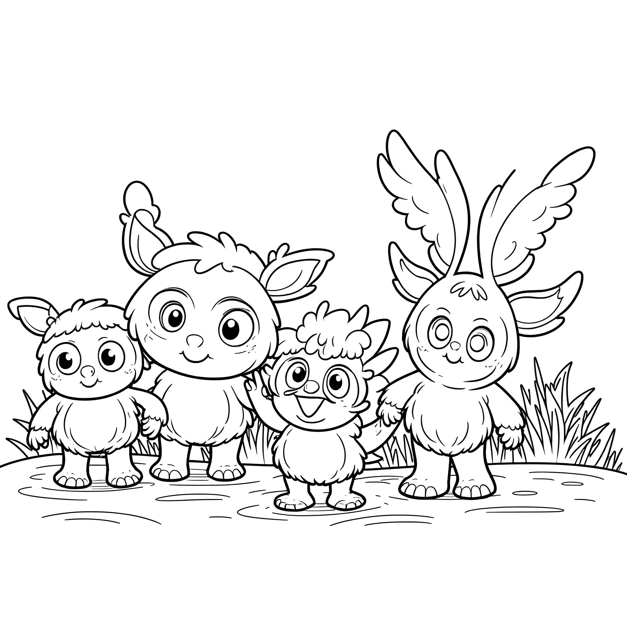 Monster friends enjoying the outdoors Coloring Page (free black-and-white line drawing printable PDF for all, from beginners to advanced learners, including children, teens, adults, and seniors)