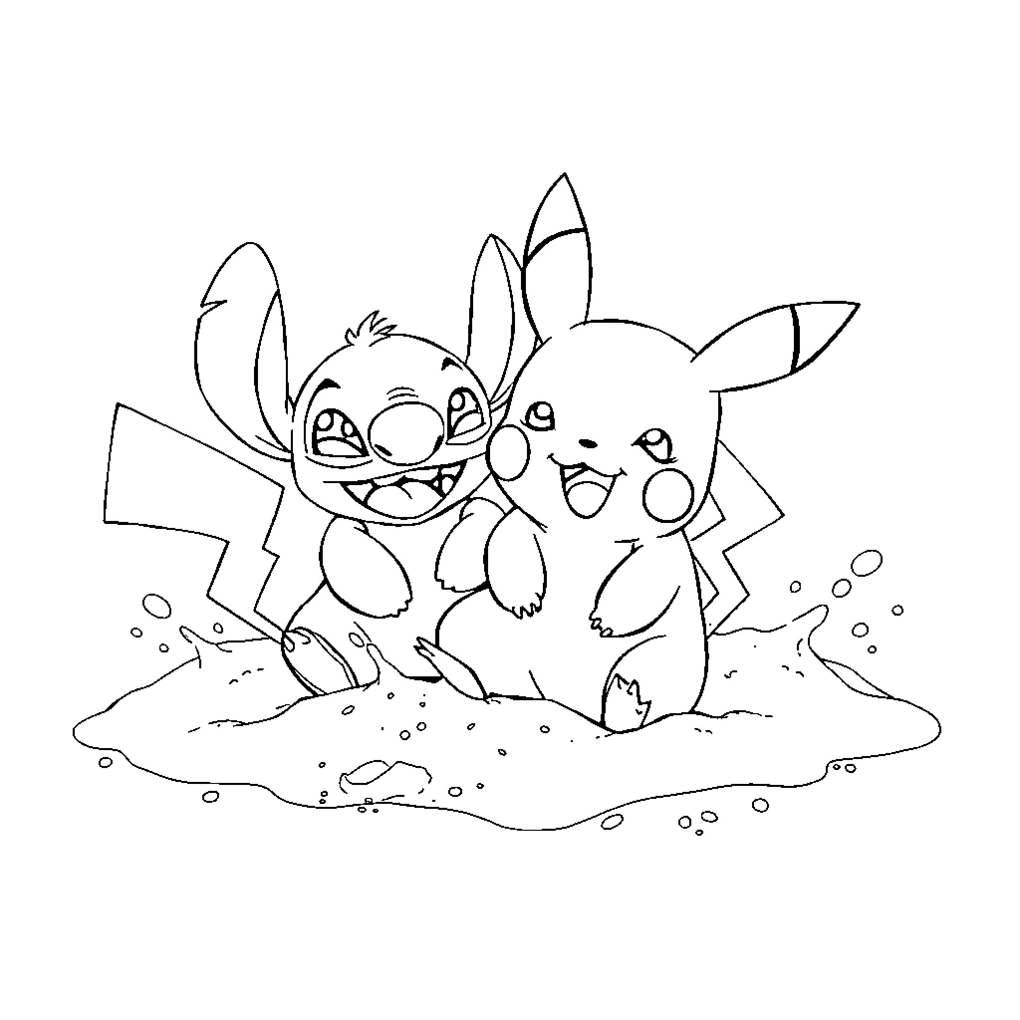 Pikachu and Friends Frolicking in the Mud Coloring Page (free black-and-white line drawing printable PDF for all, from beginners to advanced learners, including children, teens, adults, and seniors)