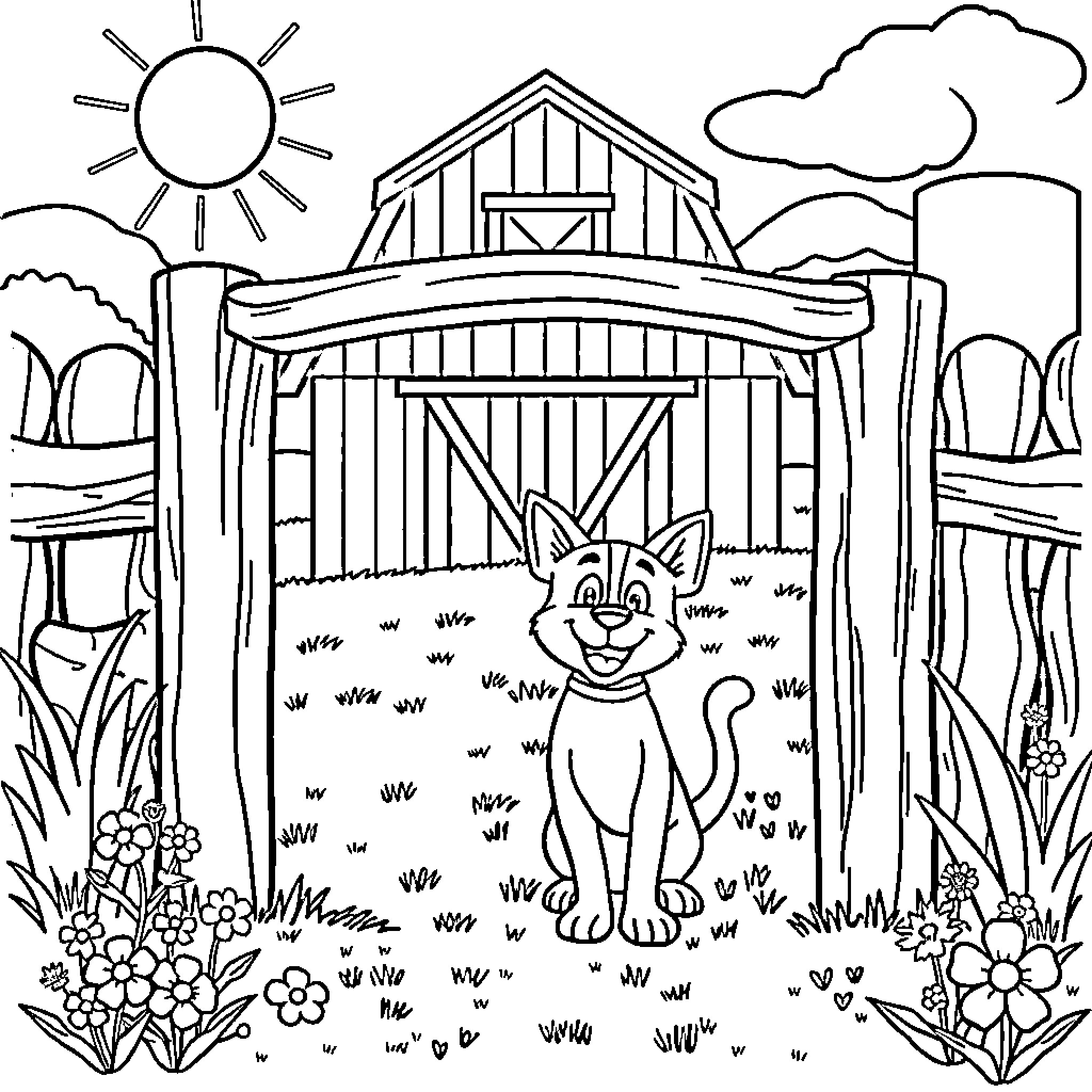 Cat playing outside a barn in the countryside Coloring Page (free black-and-white line drawing printable PDF for all, from beginners to advanced learners, including children, teens, adults, and seniors)