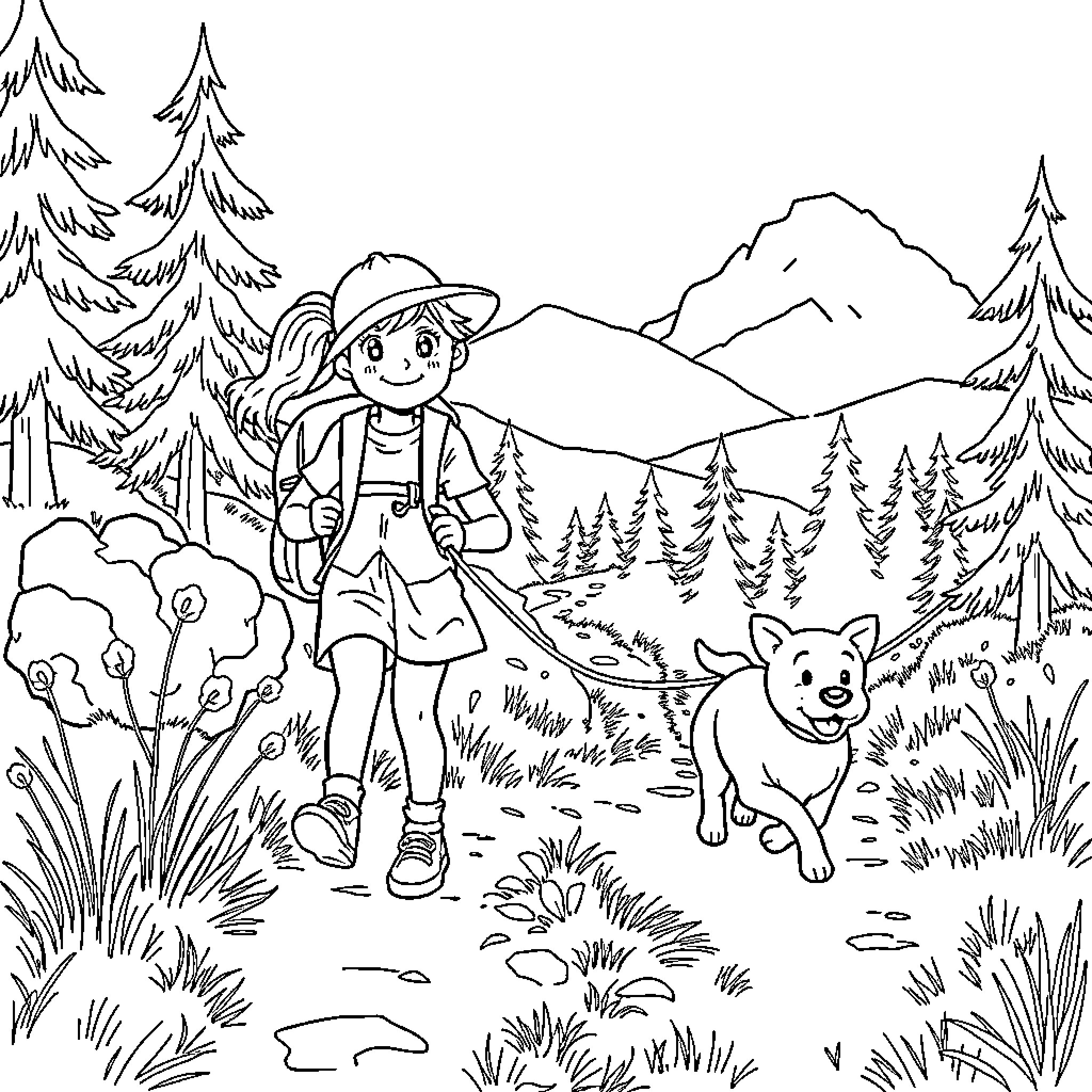Girl exploring the wilderness with her loyal companion Coloring Page (free black-and-white line drawing printable PDF for all, from beginners to advanced learners, including children, teens, adults, and seniors)