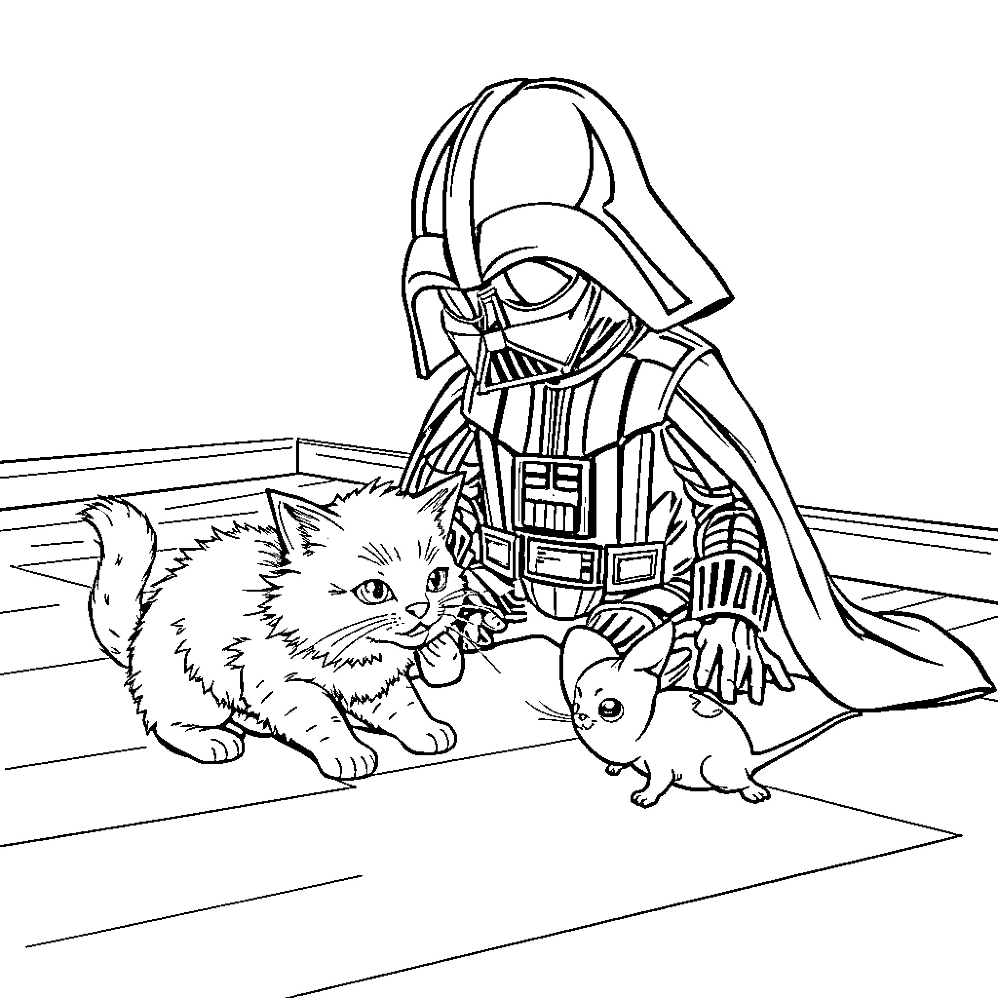 Darth Vader interacts with adorable pets Coloring Page (free black-and-white line drawing printable PDF for all, from beginners to advanced learners, including children, teens, adults, and seniors)