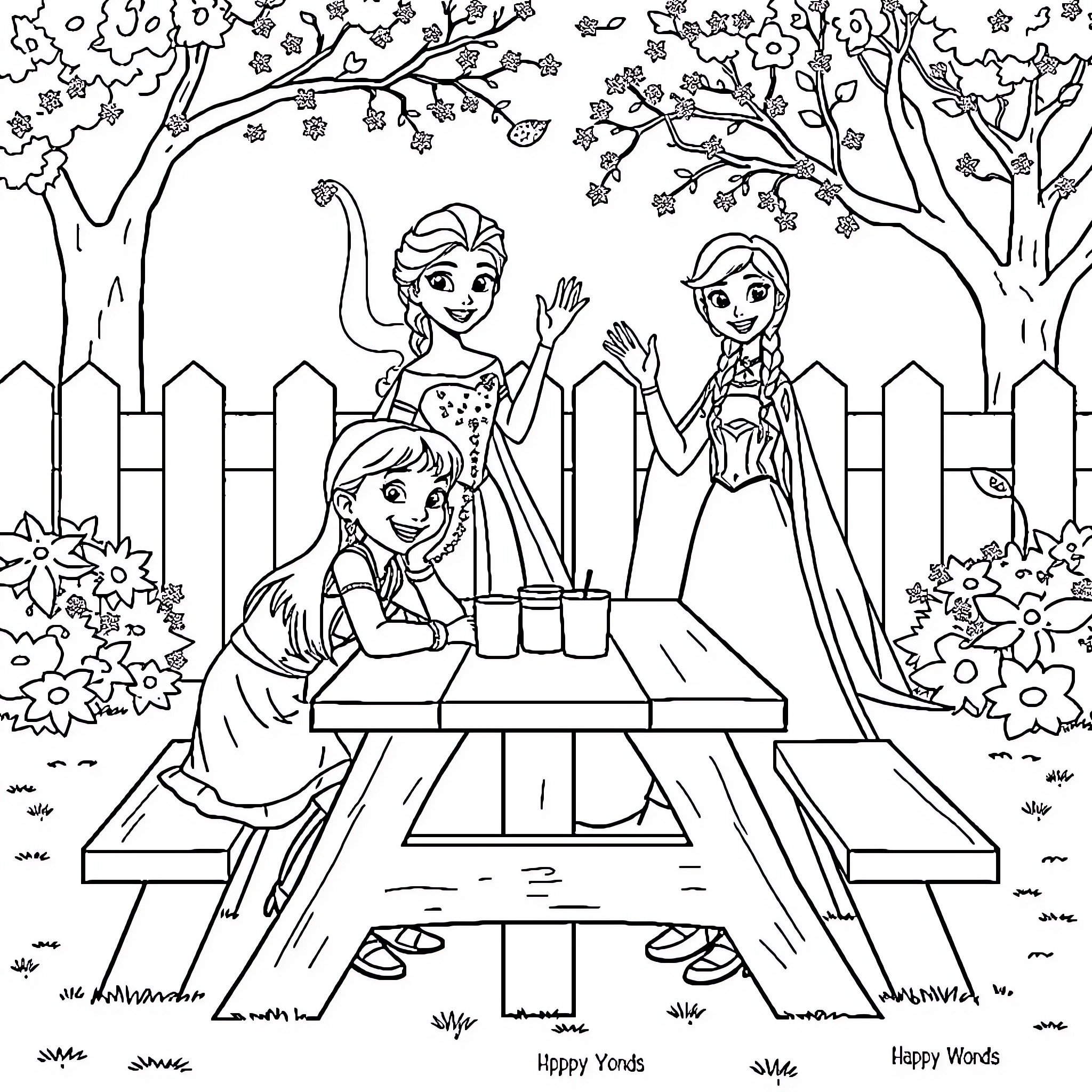 Princess Sisters Enjoying a Picnic in the Enchanted Garden Coloring Page (free black-and-white line drawing printable PDF for all, from beginners to advanced learners, including children, teens, adults, and seniors)