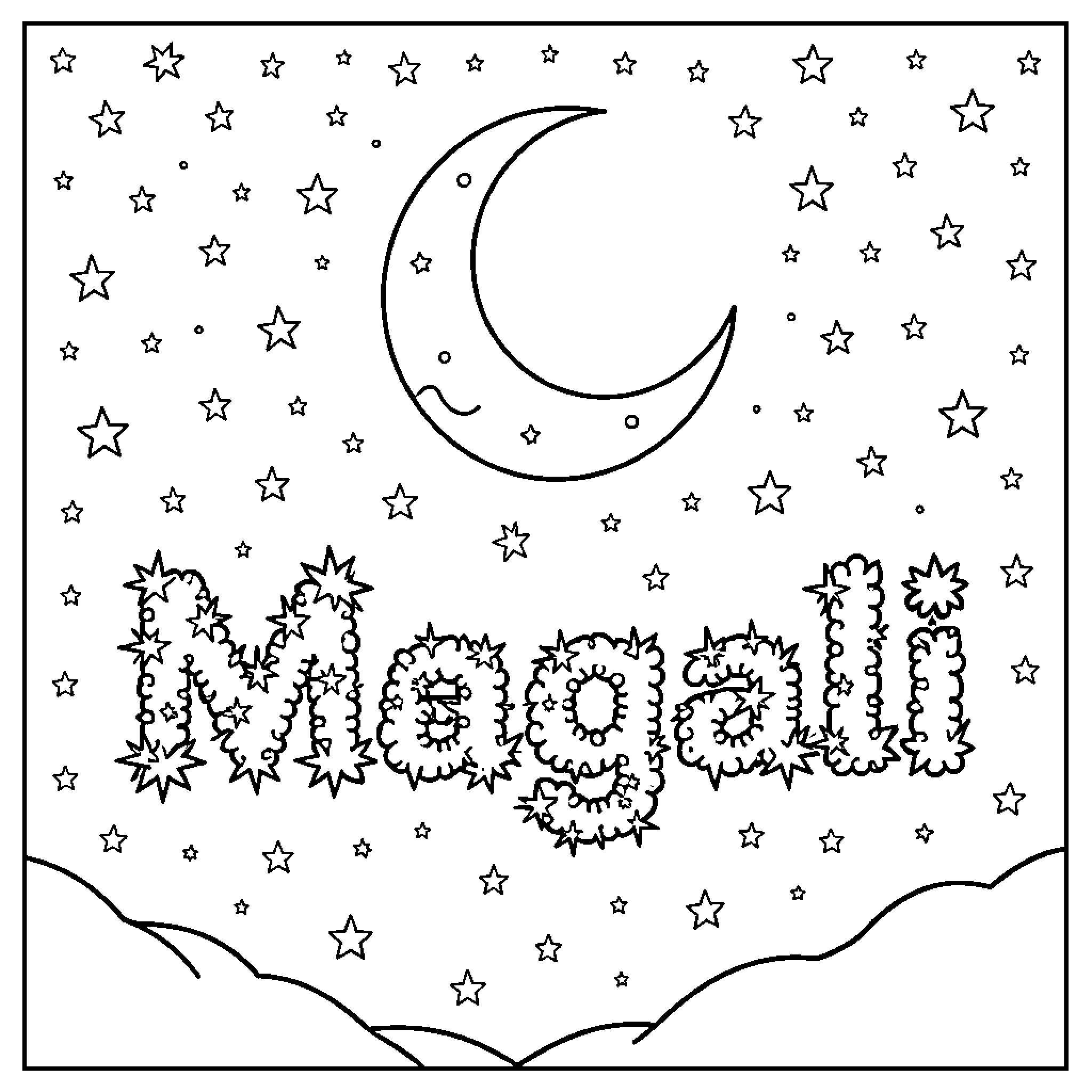 Luna's Starry Night Coloring Page Coloring Page (free black-and-white line drawing printable PDF for all, from beginners to advanced learners, including children, teens, adults, and seniors)