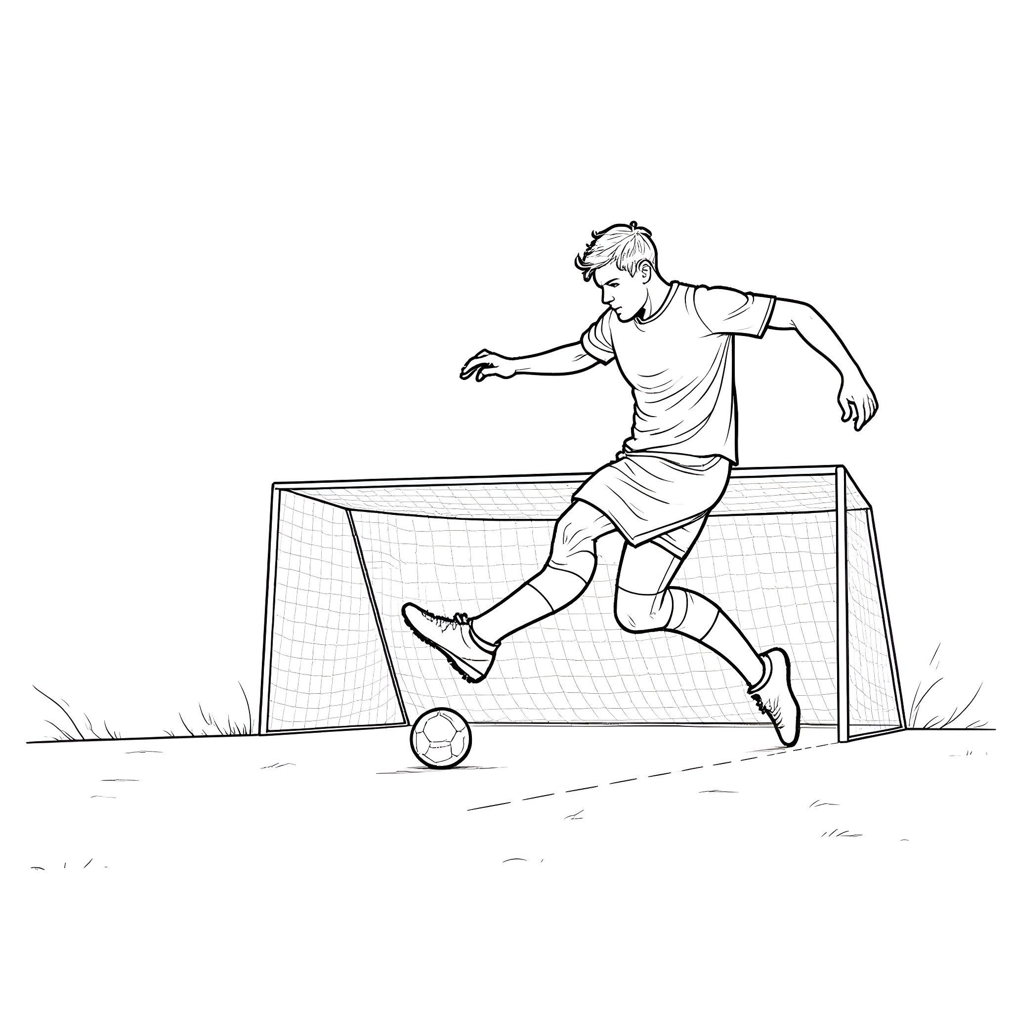 Soccer Player Dribbling the Ball towards the Goal Coloring Page (free black-and-white line drawing printable PDF for all, from beginners to advanced learners, including children, teens, adults, and seniors)
