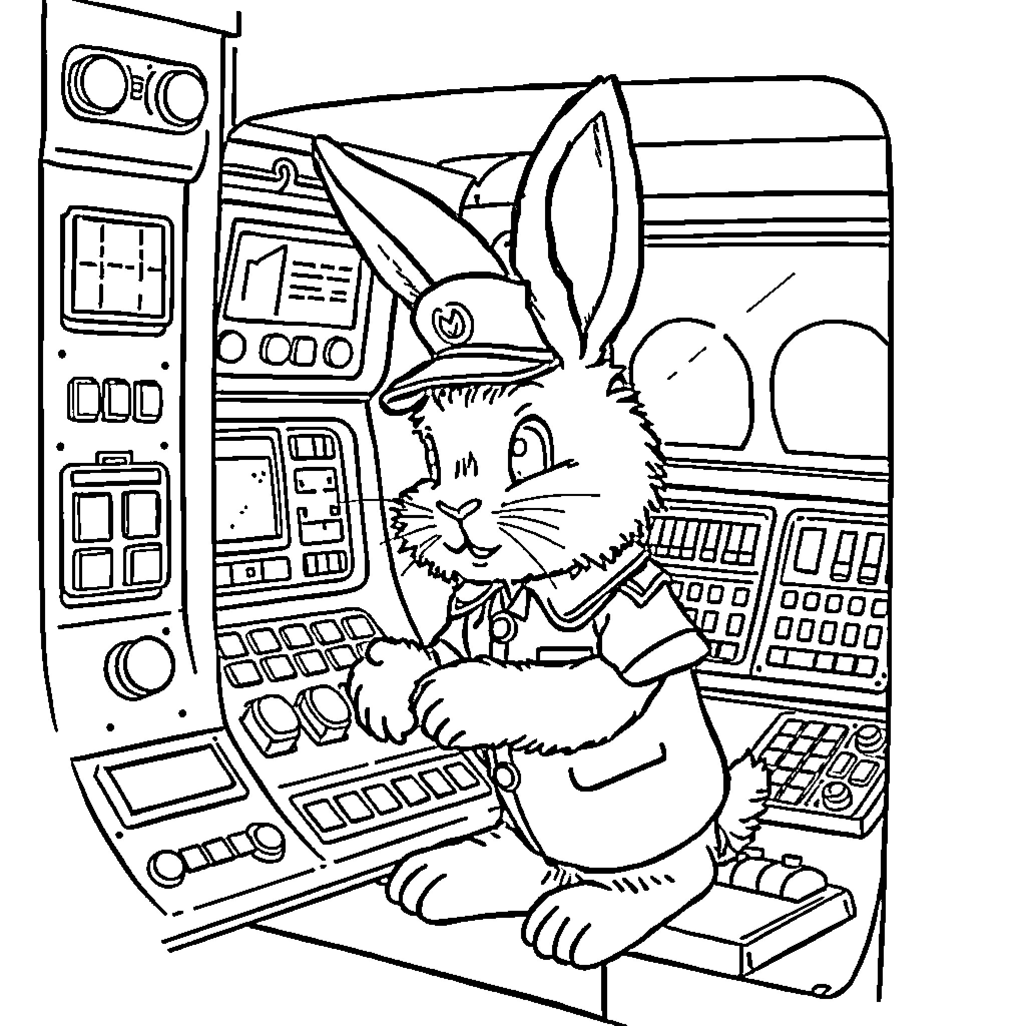 Rabbit operating high-tech control panel Coloring Page (free black-and-white line drawing printable PDF for all, from beginners to advanced learners, including children, teens, adults, and seniors)