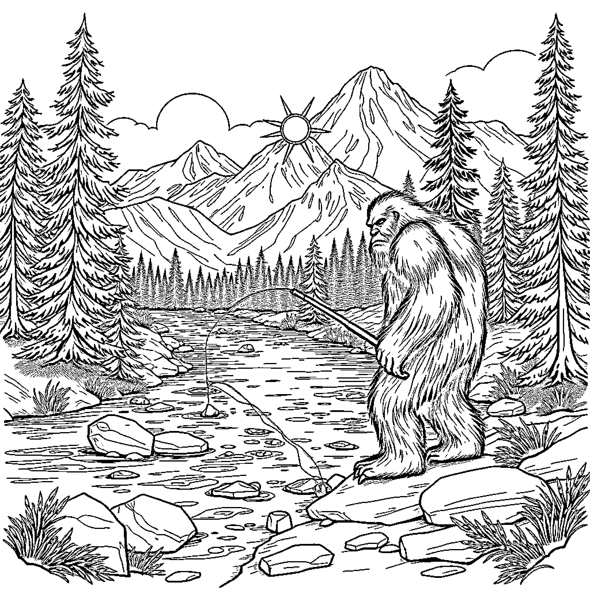 Bigfoot exploring the serene mountain landscape Coloring Page (free black-and-white line drawing printable PDF for all, from beginners to advanced learners, including children, teens, adults, and seniors)