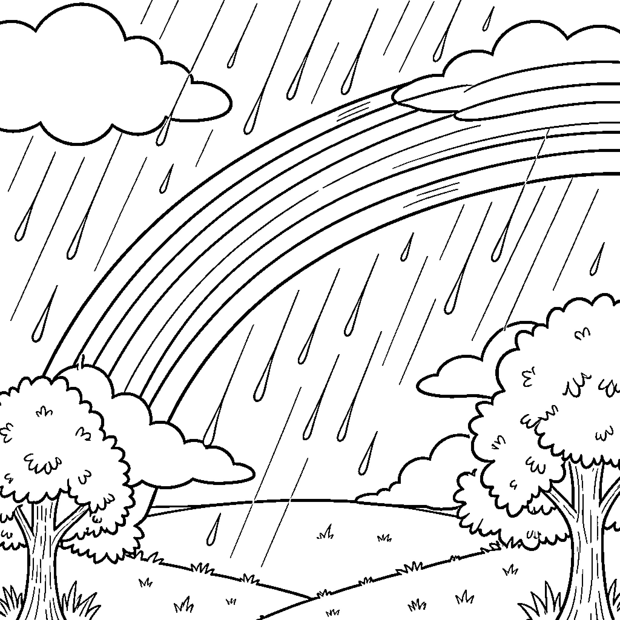 Rainbow Rain Showers over Lush Landscape Coloring Page (free black-and-white line drawing printable PDF for all, from beginners to advanced learners, including children, teens, adults, and seniors)