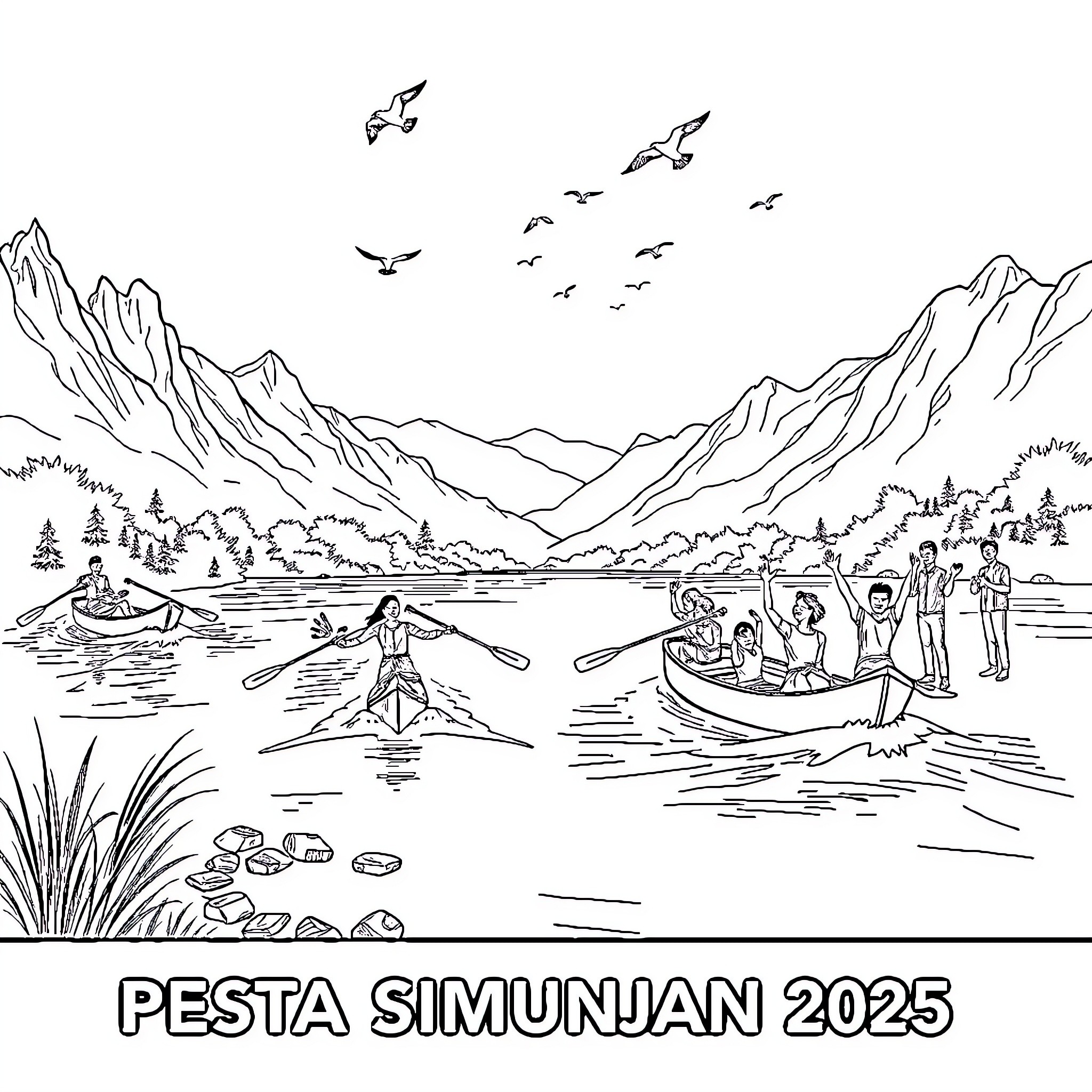 River scenes with people enjoying outdoor activities Coloring Page (free black-and-white line drawing printable PDF for all, from beginners to advanced learners, including children, teens, adults, and seniors)