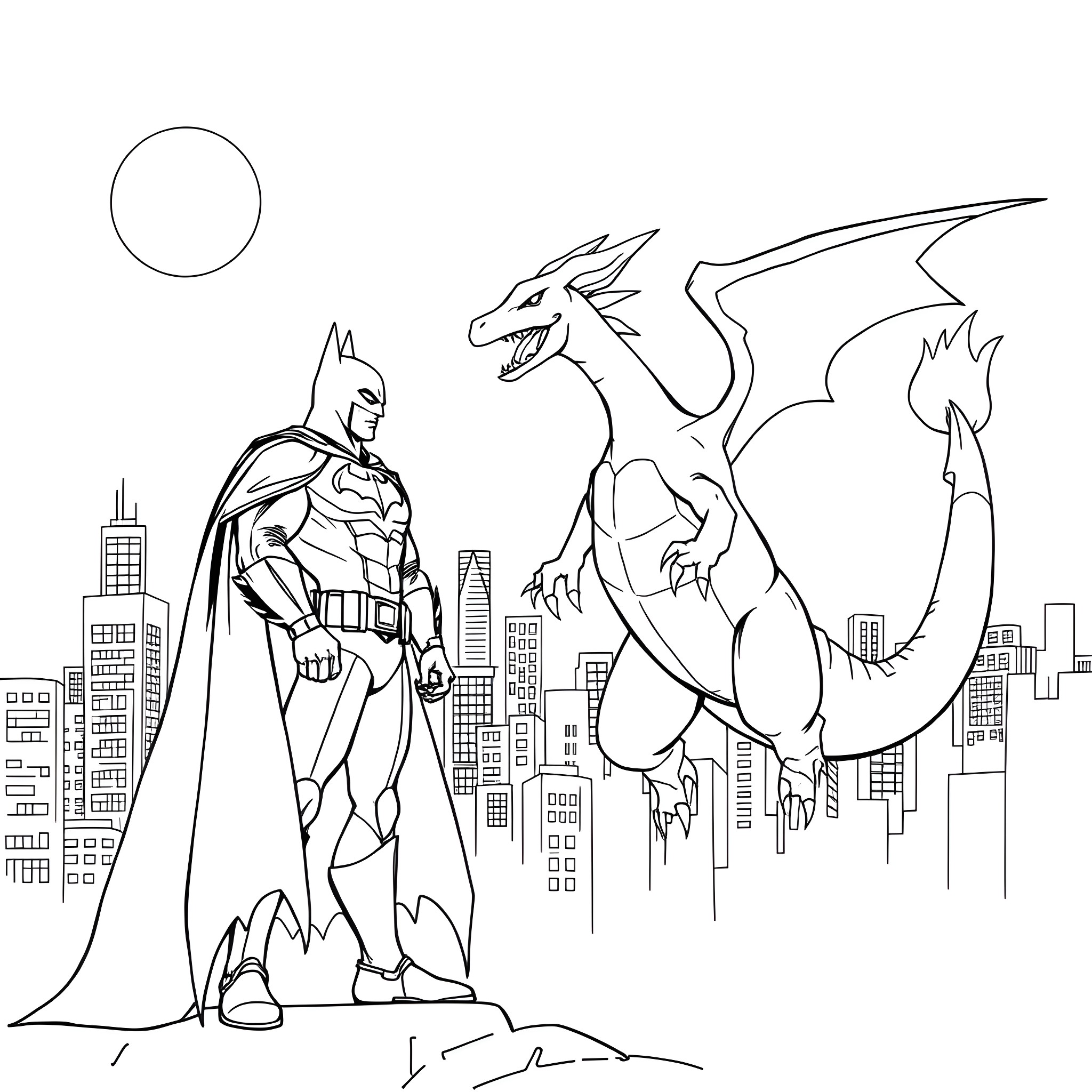 Batman confronting a mighty dragon in the city Coloring Page (free black-and-white line drawing printable PDF for all, from beginners to advanced learners, including children, teens, adults, and seniors)