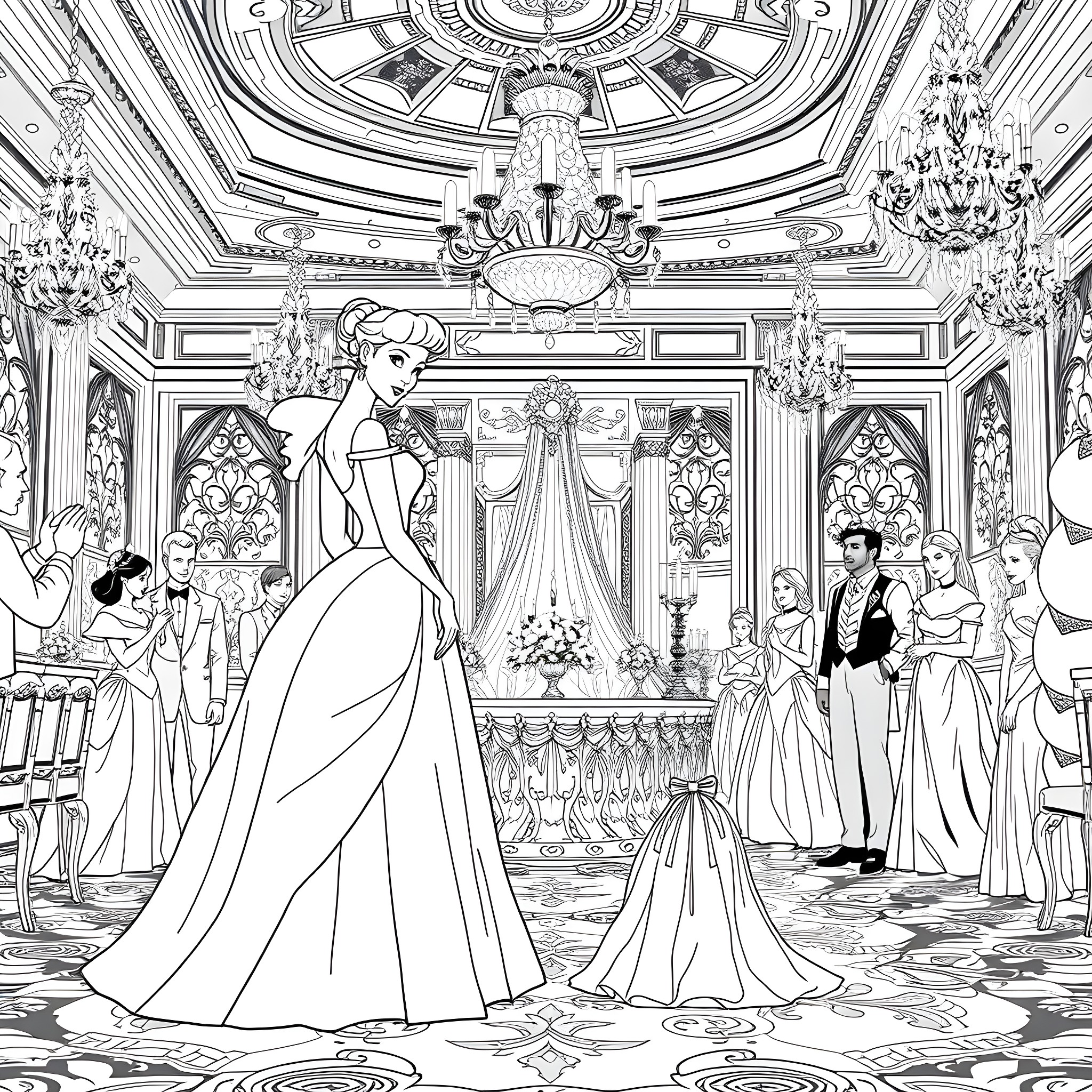 Cinderella's Enchanting Wedding Celebration Coloring Page (free black-and-white line drawing printable PDF for all, from beginners to advanced learners, including children, teens, adults, and seniors)