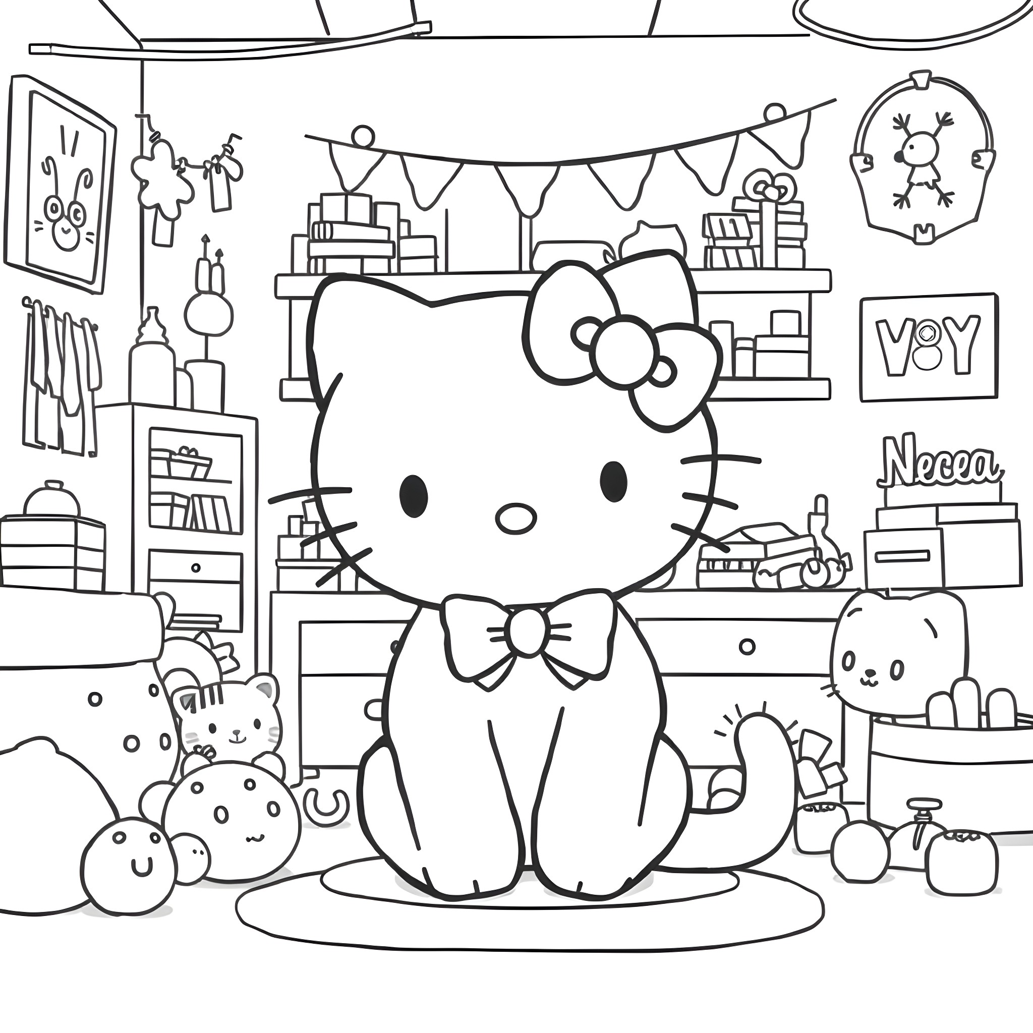 Hello Kitty enjoying a party celebration Coloring Page (free black-and-white line drawing printable PDF for all, from beginners to advanced learners, including children, teens, adults, and seniors)