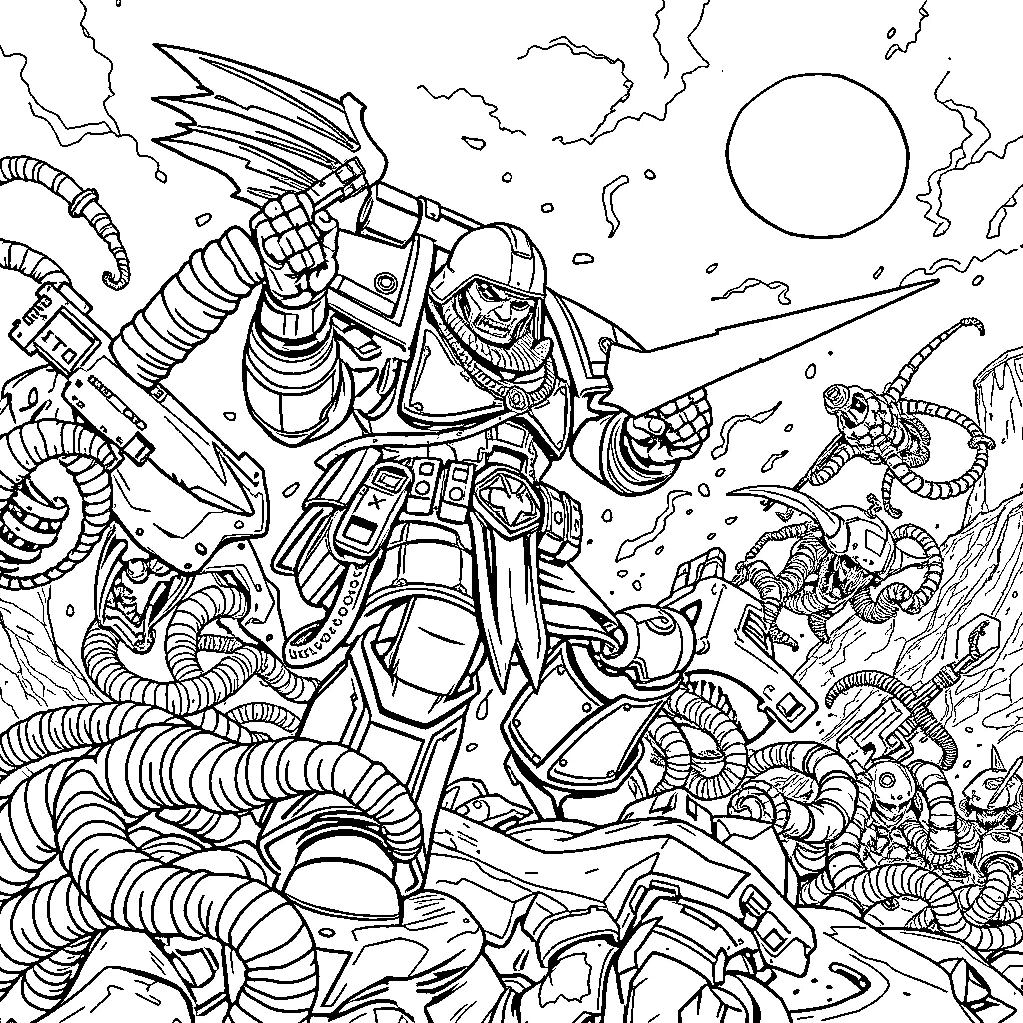 Space Marine Fighting Otherworldly Creatures in Sci-Fi Landscape Coloring Page (free black-and-white line drawing printable PDF for all, from beginners to advanced learners, including children, teens, adults, and seniors)