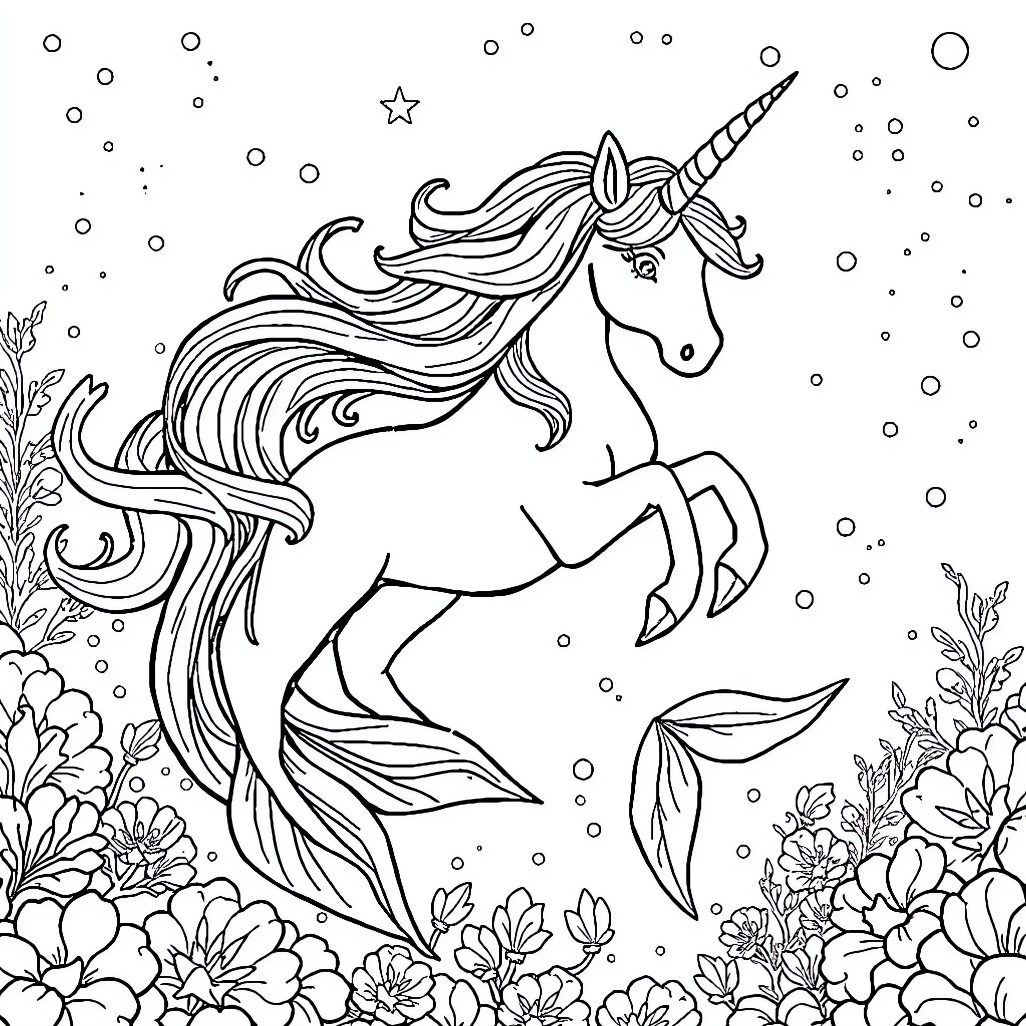 Unicorn dancing among the stars and flowers Coloring Page (free black-and-white line drawing printable PDF for all, from beginners to advanced learners, including children, teens, adults, and seniors)