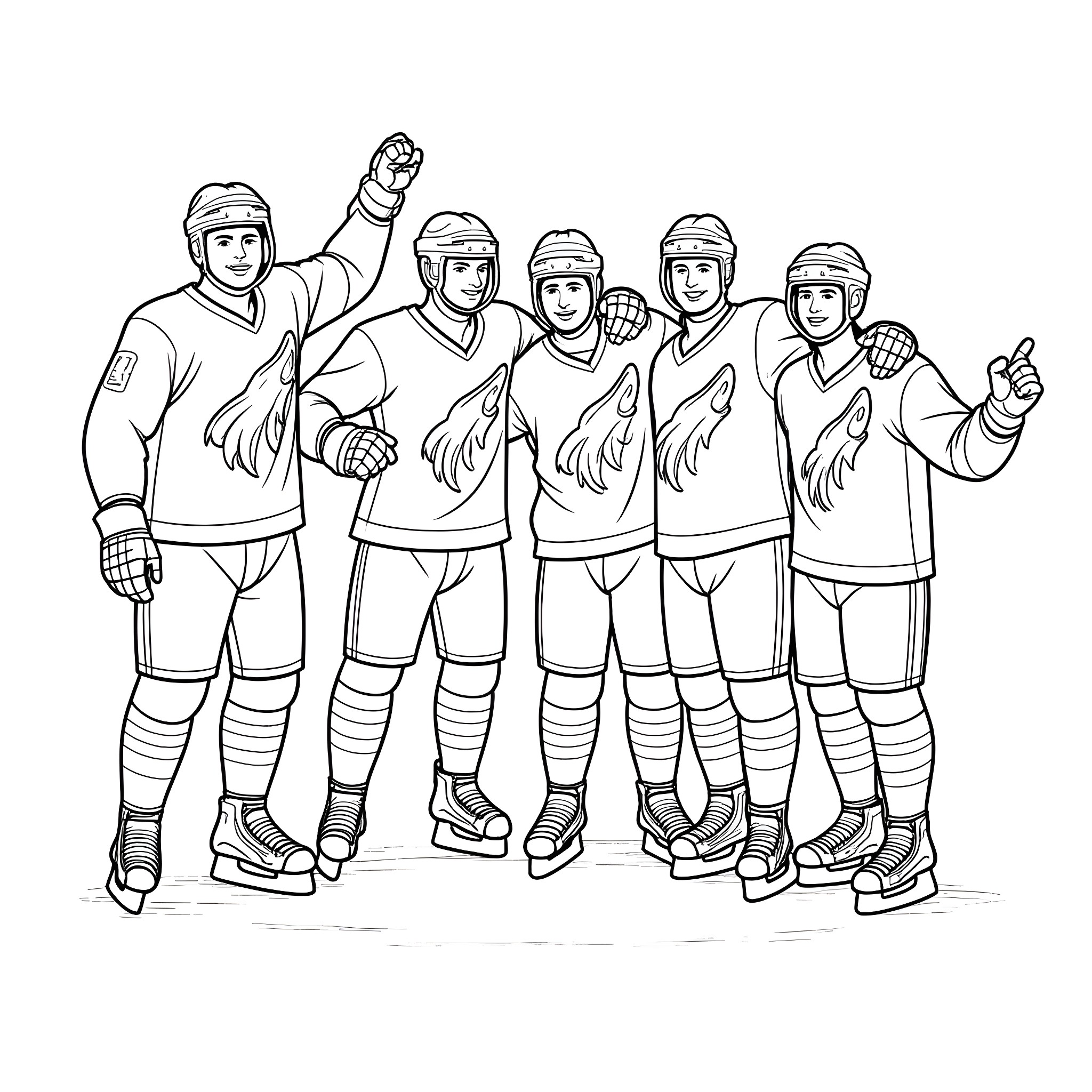 Coyotes hockey team players celebrating Coloring Page (free black-and-white line drawing printable PDF for all, from beginners to advanced learners, including children, teens, adults, and seniors)