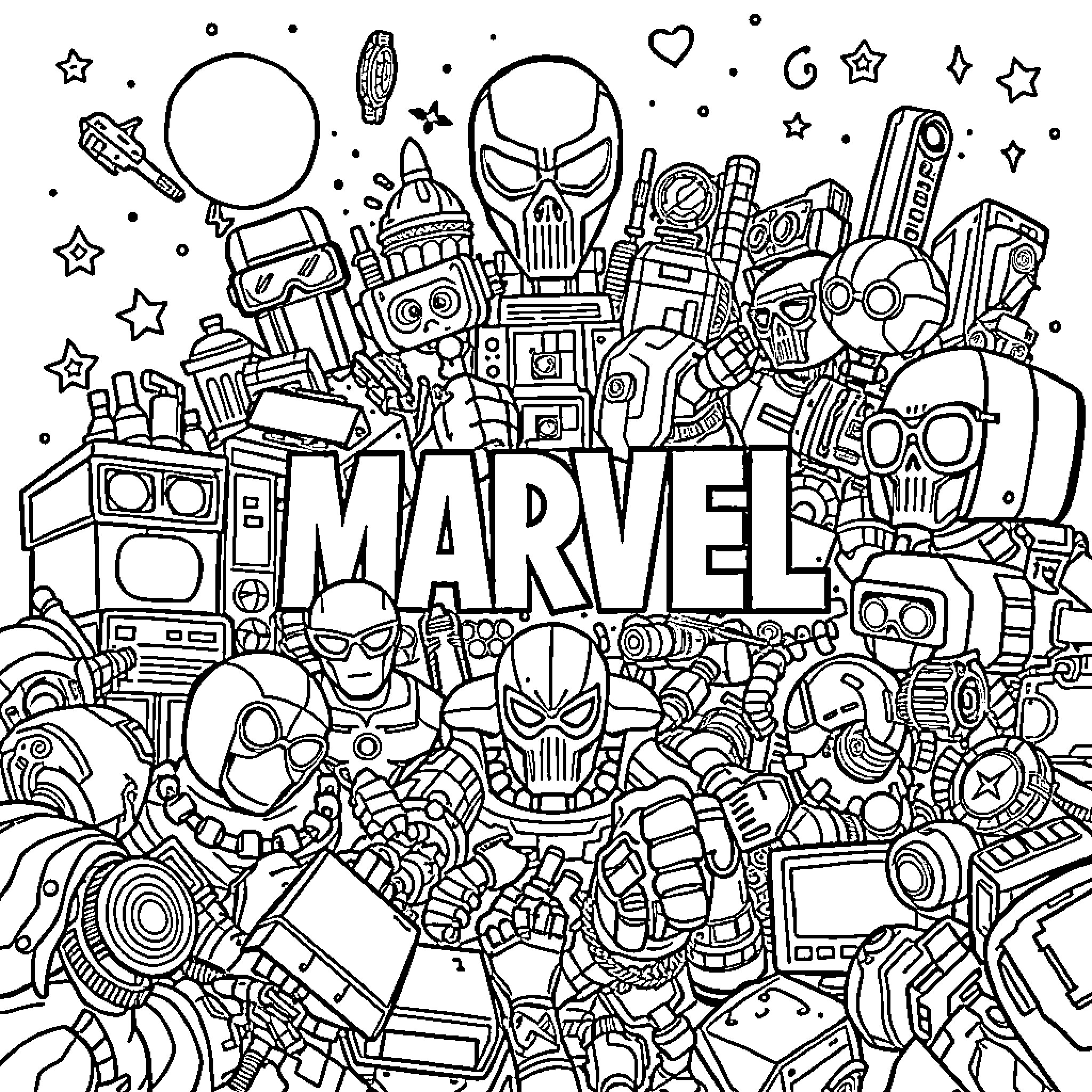 Marvel Superheroes in Vibrant Doodle Illustration Coloring Page (free black-and-white line drawing printable PDF for all, from beginners to advanced learners, including children, teens, adults, and seniors)