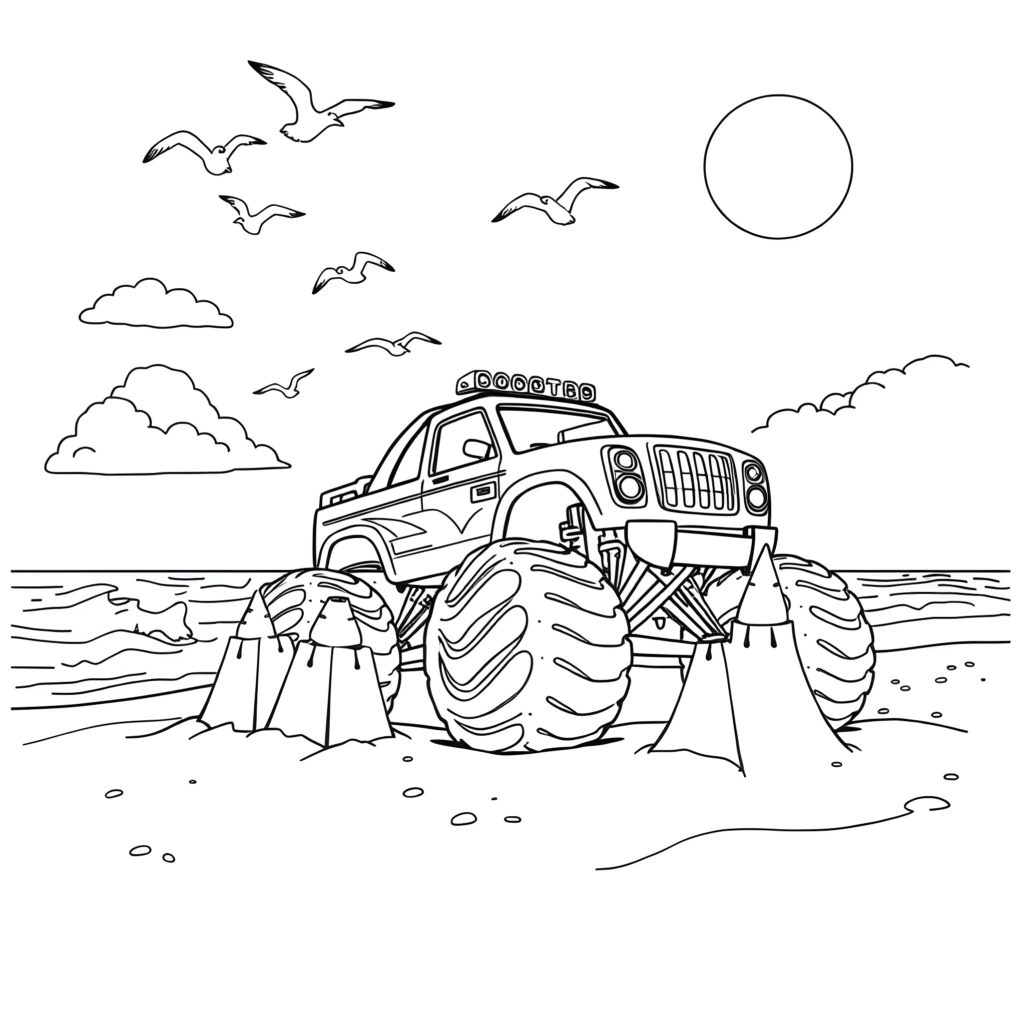 Monster Truck on the Beach Coloring Page (free black-and-white line drawing printable PDF for all, from beginners to advanced learners, including children, teens, adults, and seniors)