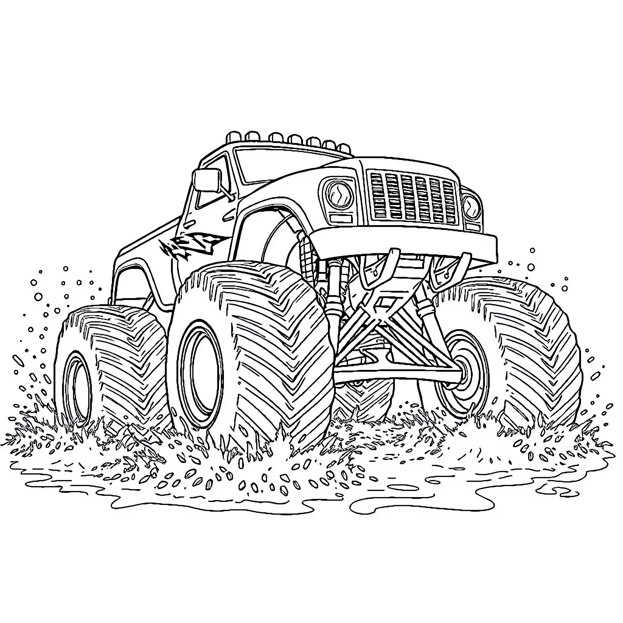 Monster Truck Crushing Through Muddy Terrain Coloring Page (free black-and-white line drawing printable PDF for all, from beginners to advanced learners, including children, teens, adults, and seniors)