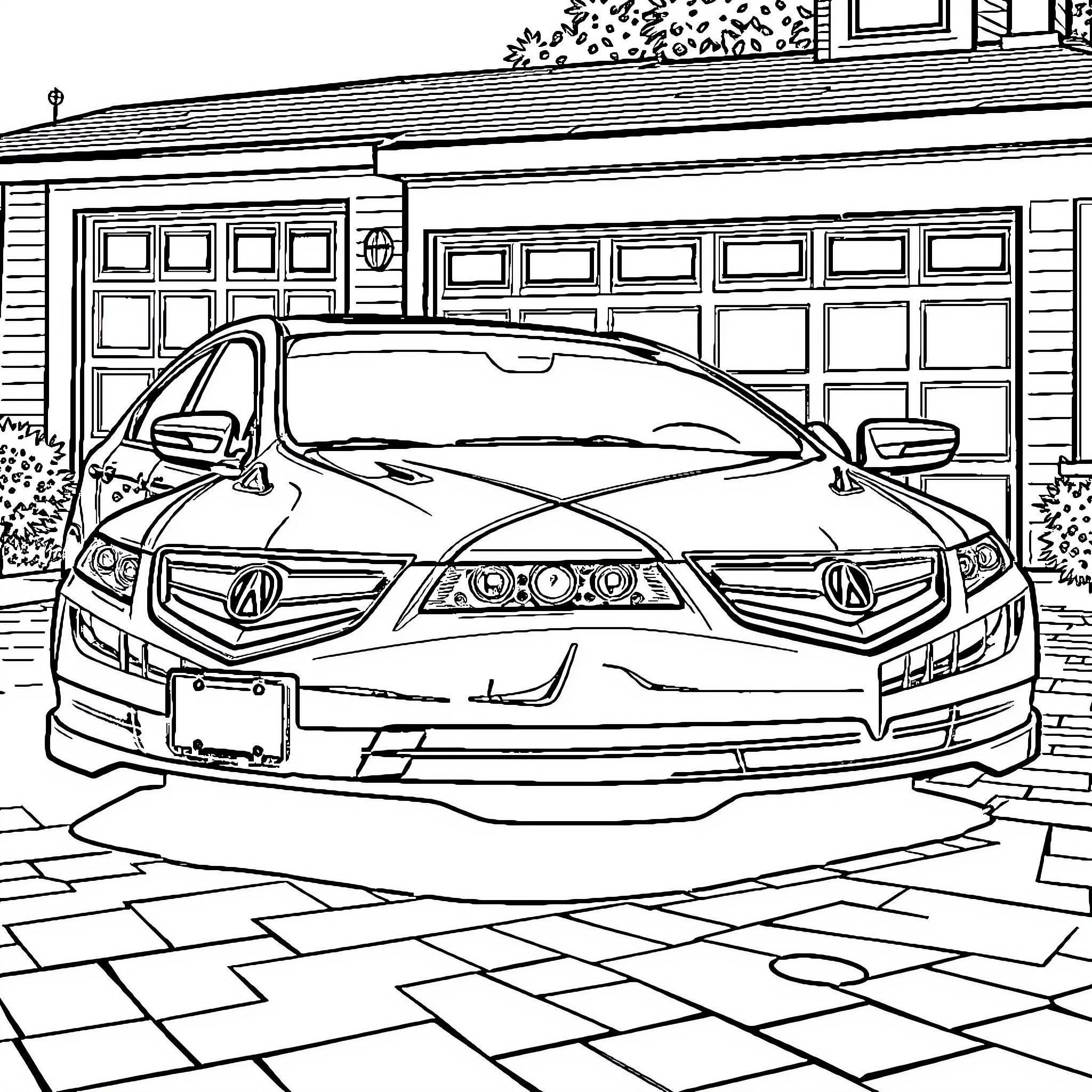 Acura vehicle parked in front of a home Coloring Page (free black-and-white line drawing printable PDF for all, from beginners to advanced learners, including children, teens, adults, and seniors)
